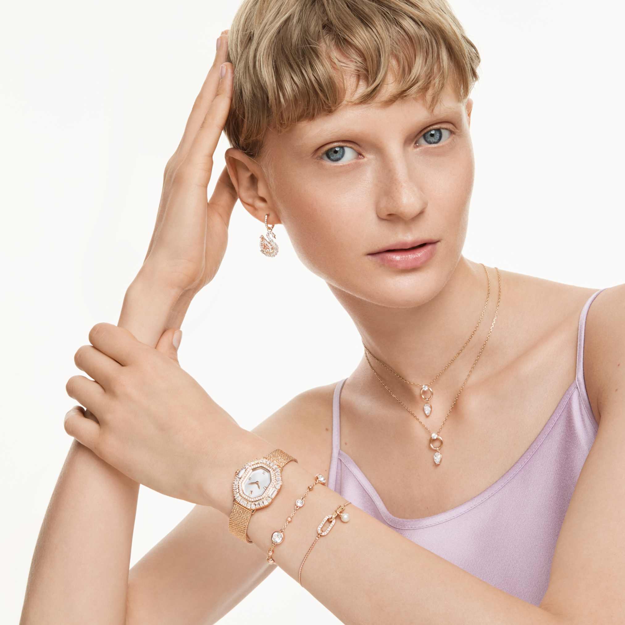 Swarovski Swan drop earrings Pavé, Swan, Pink, 18K rose gold finish