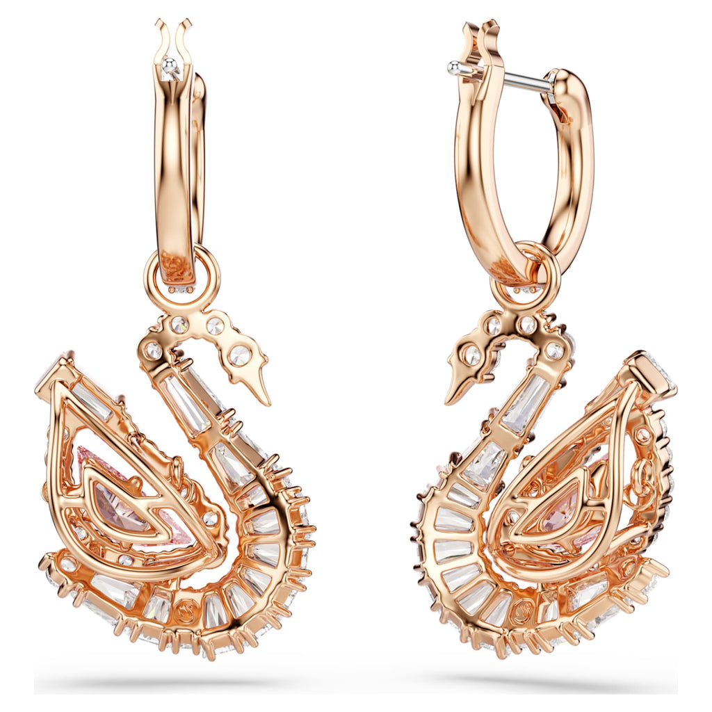 Swarovski Swan drop earrings Pavé, Swan, Pink, 18K rose gold finish