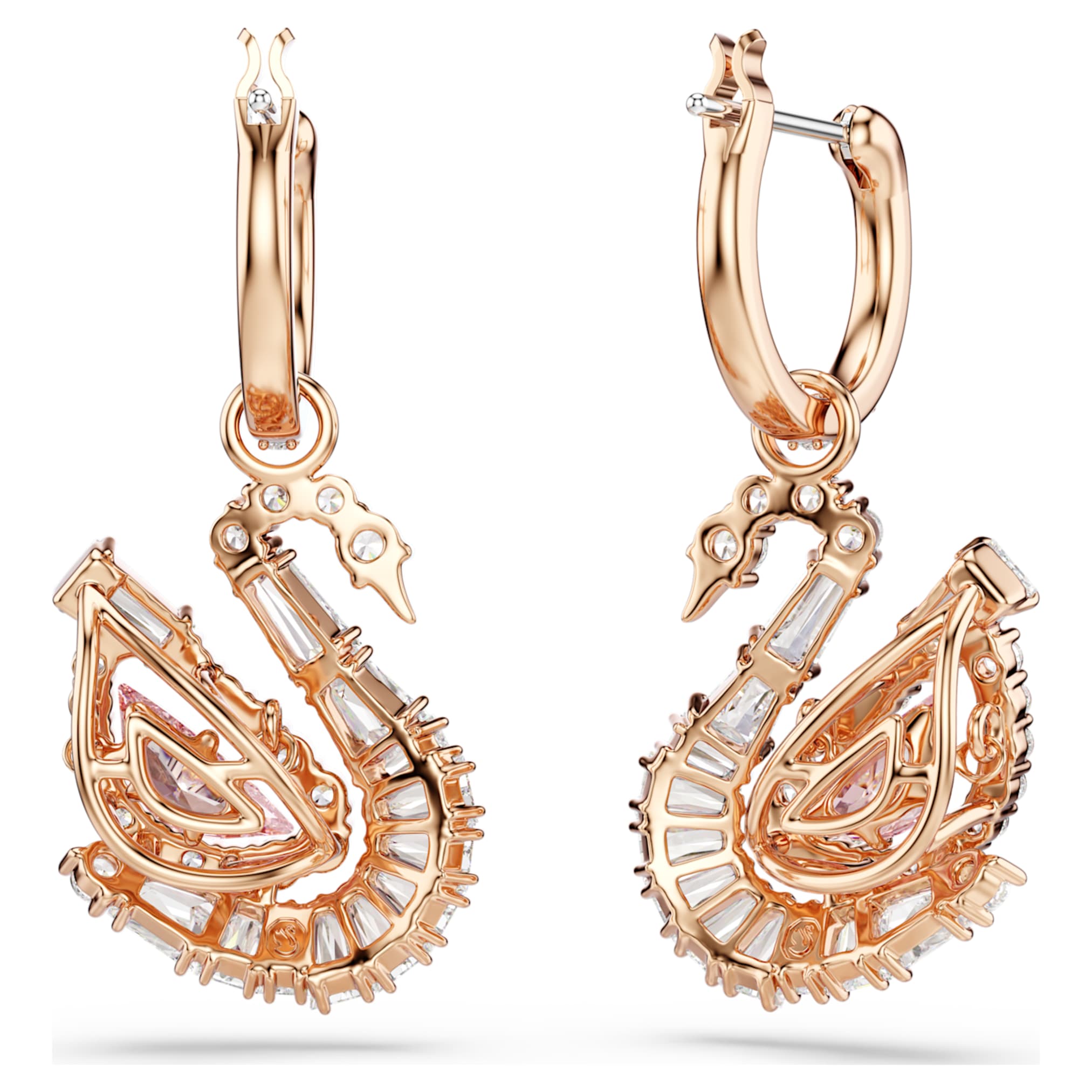 Swarovski Swan drop earrings Pavé, Swan, Pink, 18K rose gold finish
