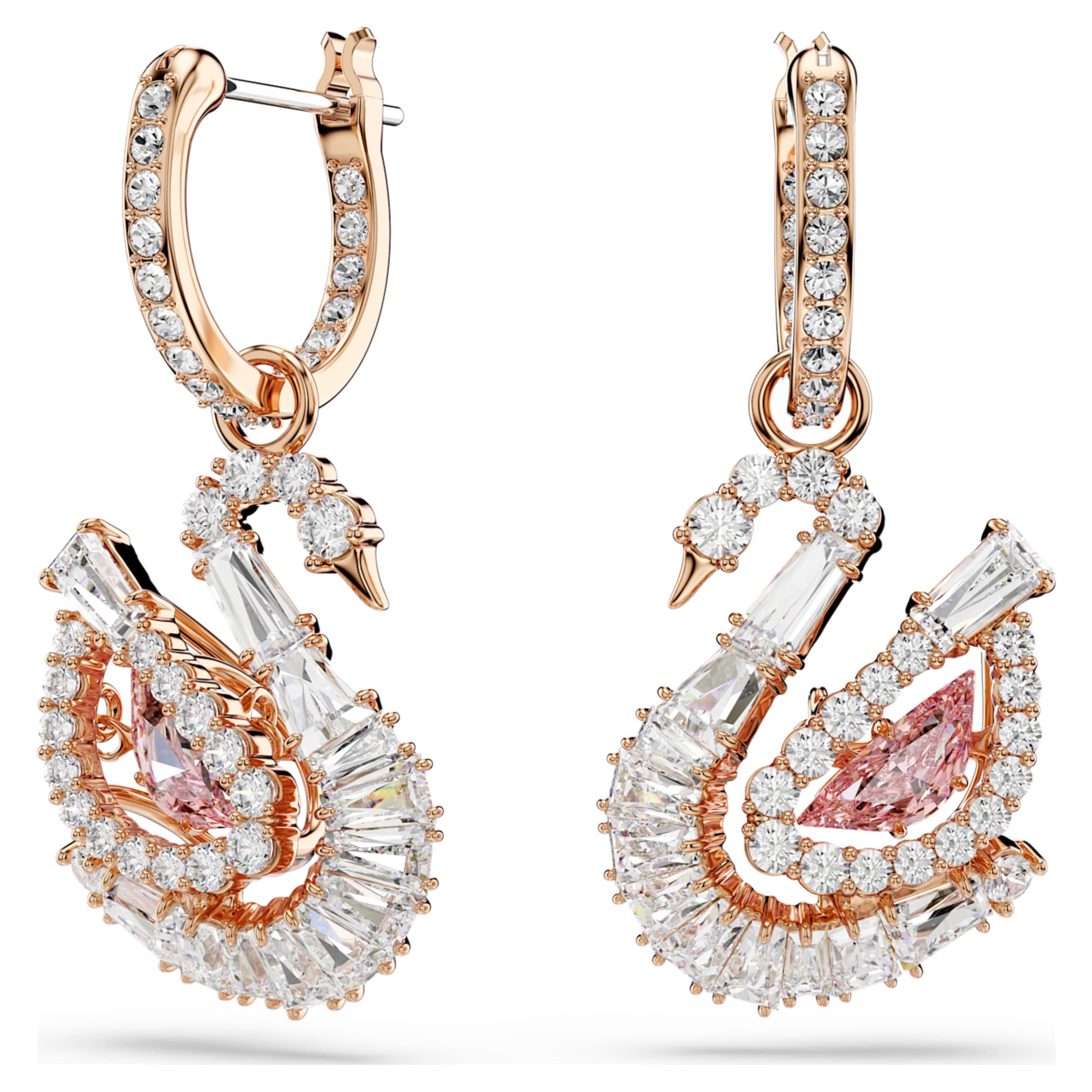 Swarovski Swan drop earrings Pavé, Swan, Pink, 18K rose gold finish