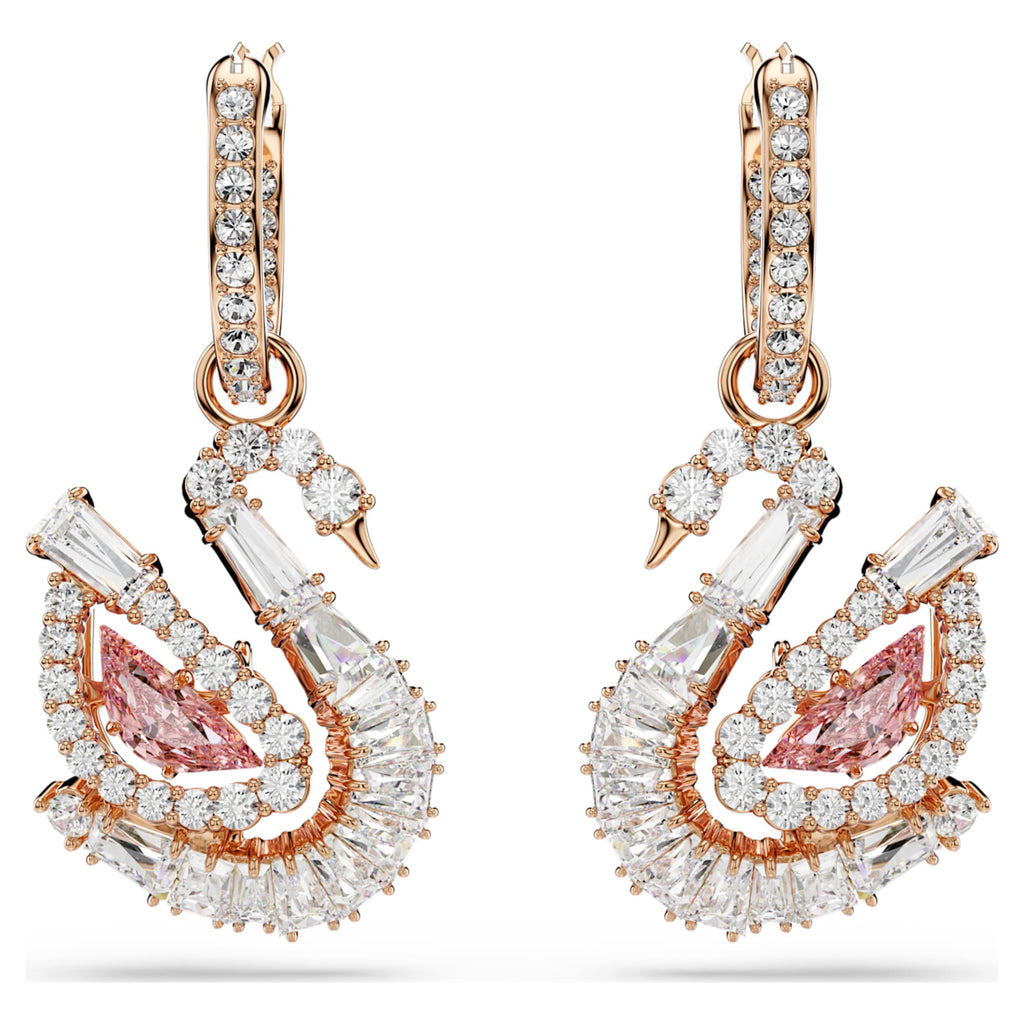 Swarovski Swan drop earrings Pavé, Swan, Pink, 18K rose gold finish