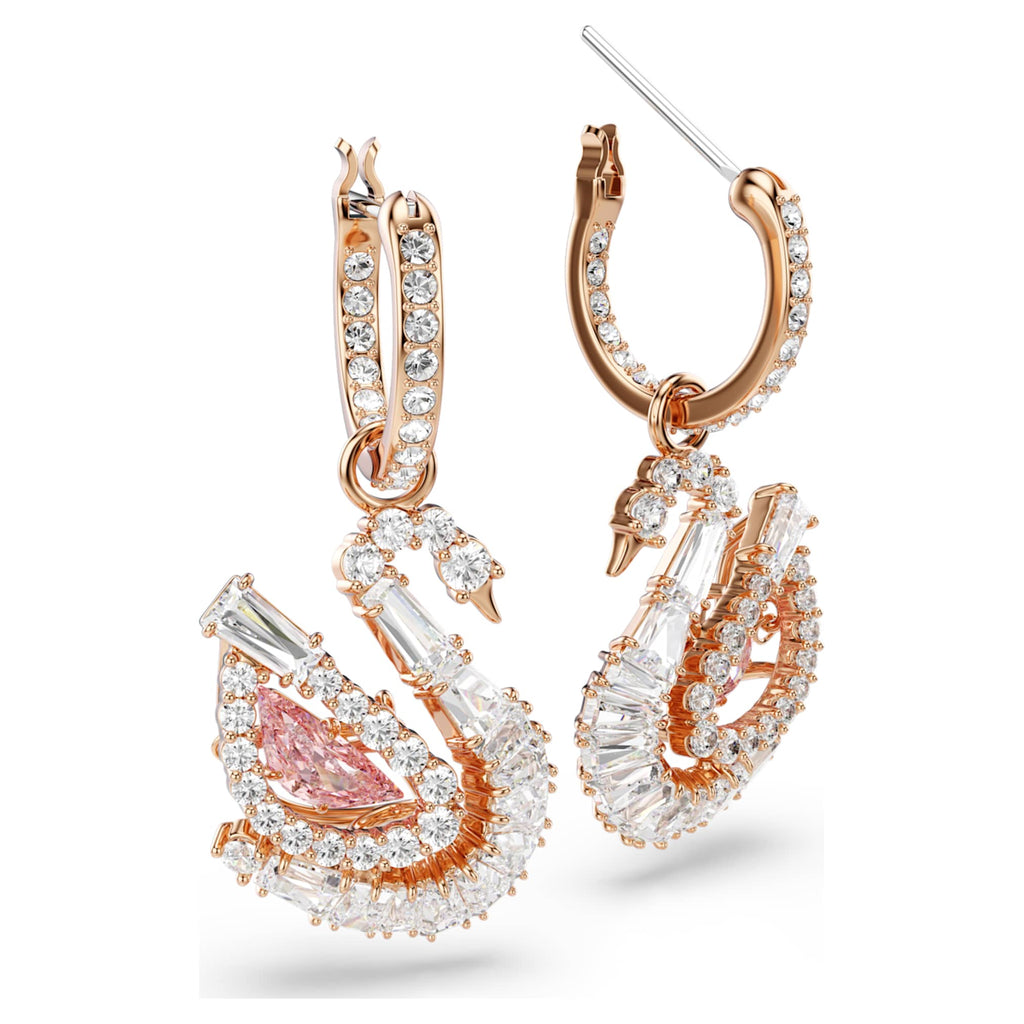 Swarovski Swan drop earrings Pavé, Swan, Pink, 18K rose gold finish