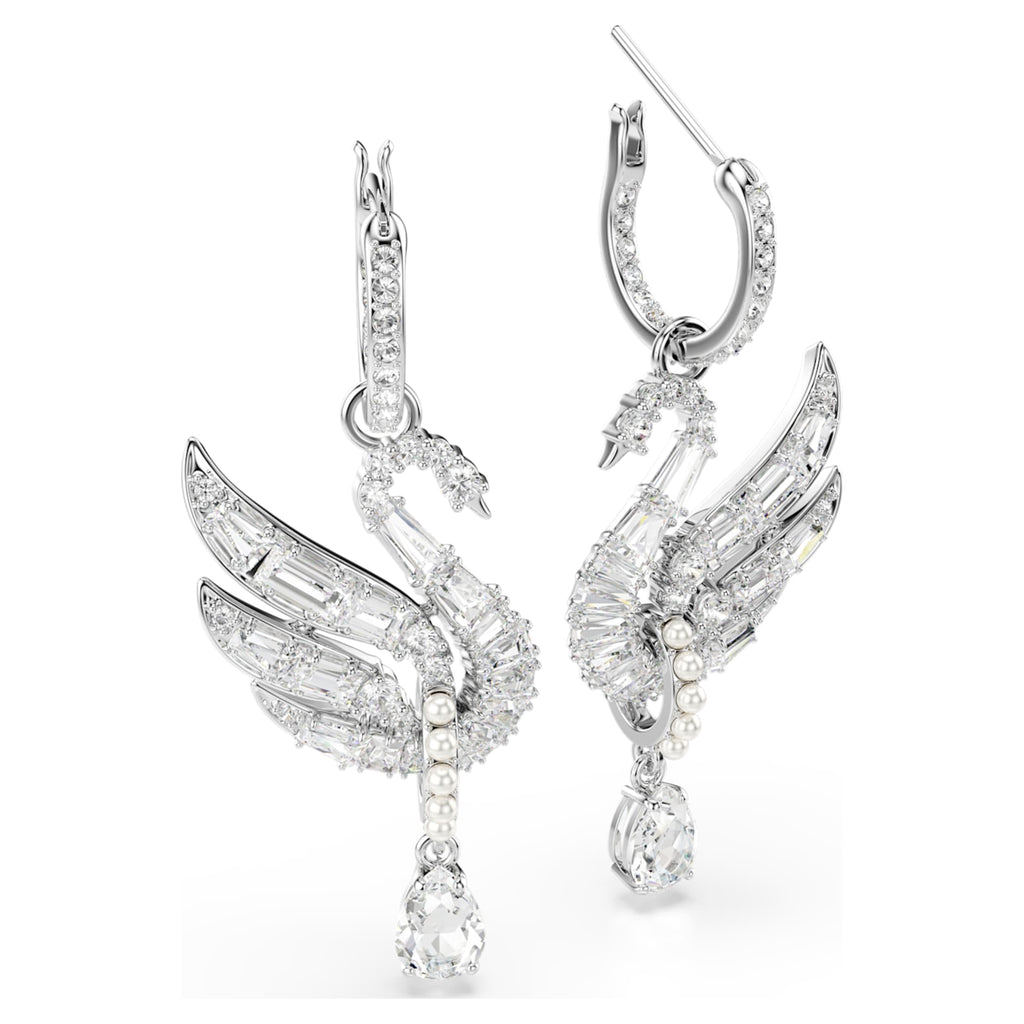 Swarovski Swan earrings Swan, White, Rhodium plated