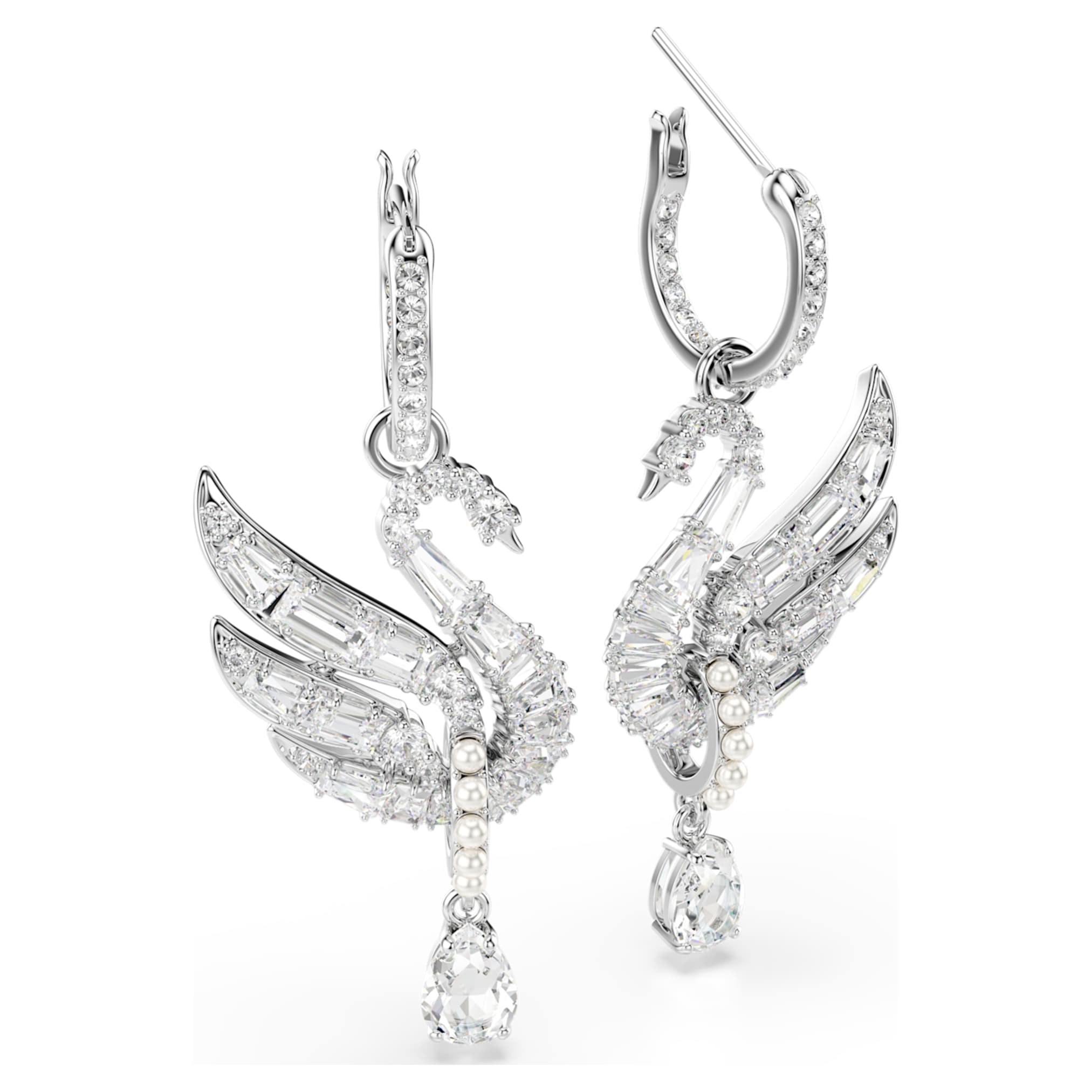 Swarovski Swan earrings Swan, White, Rhodium plated