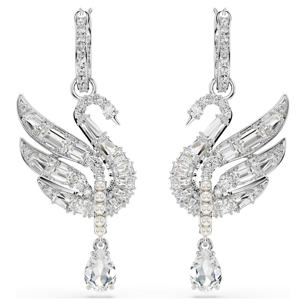 Swarovski Swan earrings Swan, White, Rhodium plated
