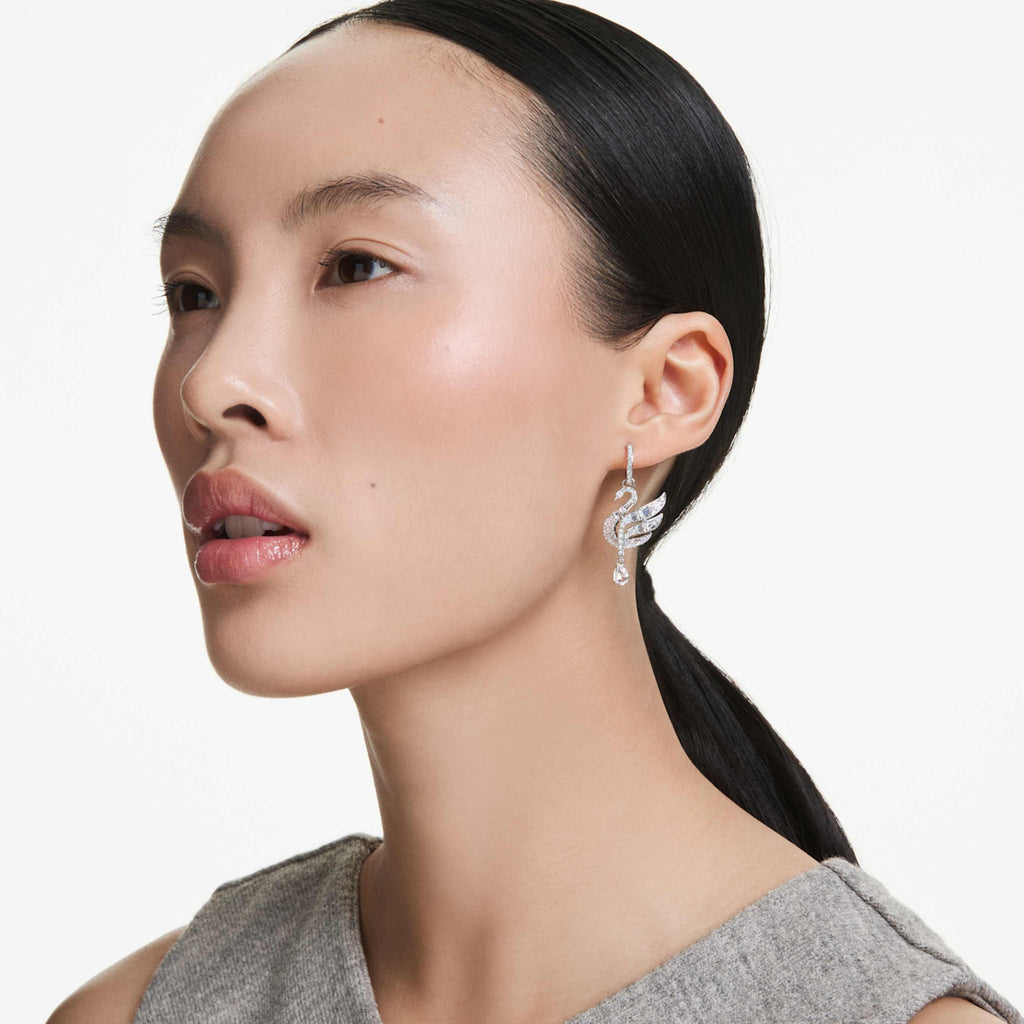 Swarovski Swan earrings Swan, White, Rhodium plated