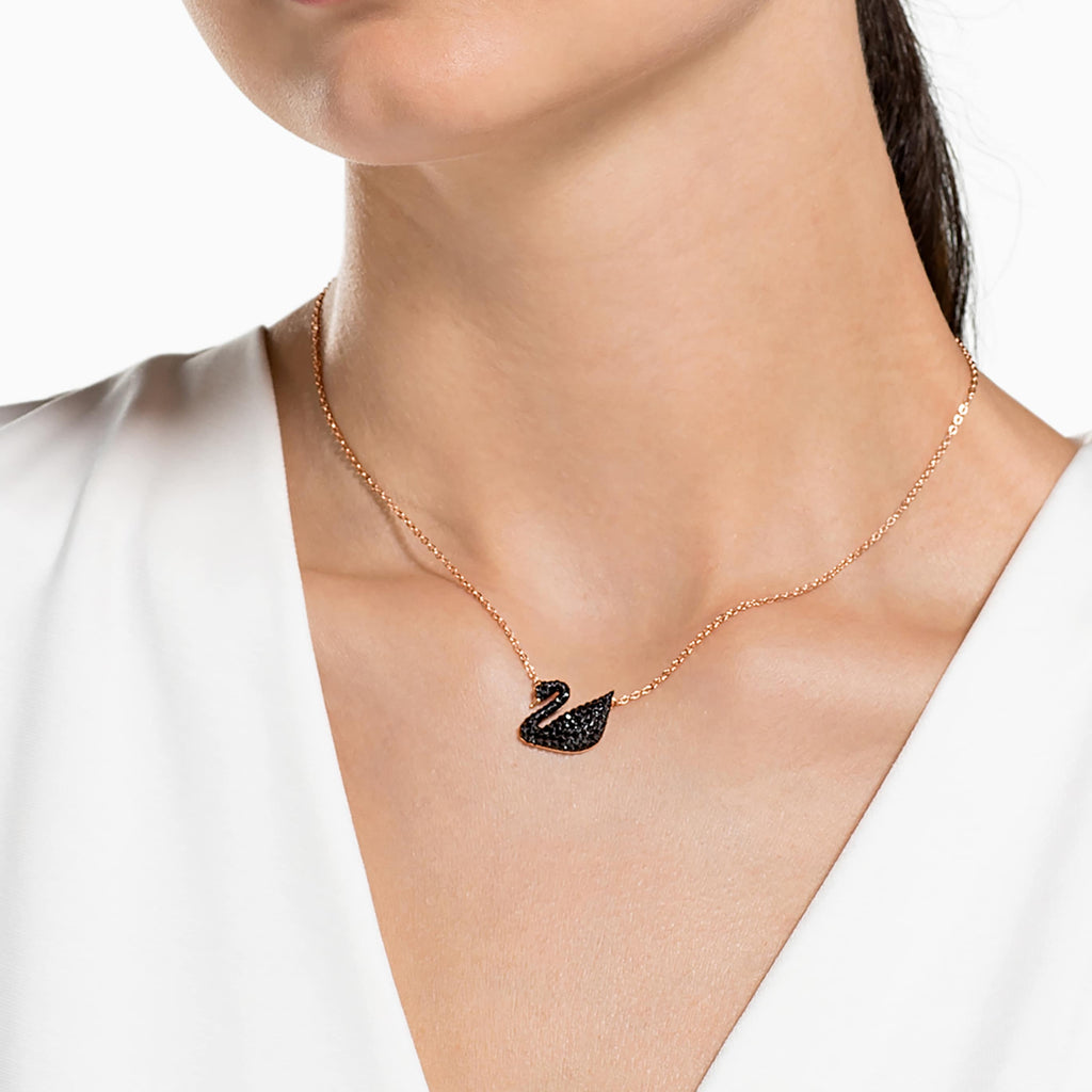 Swarovski Swan pendant Swan, Black, 18K rose gold finish