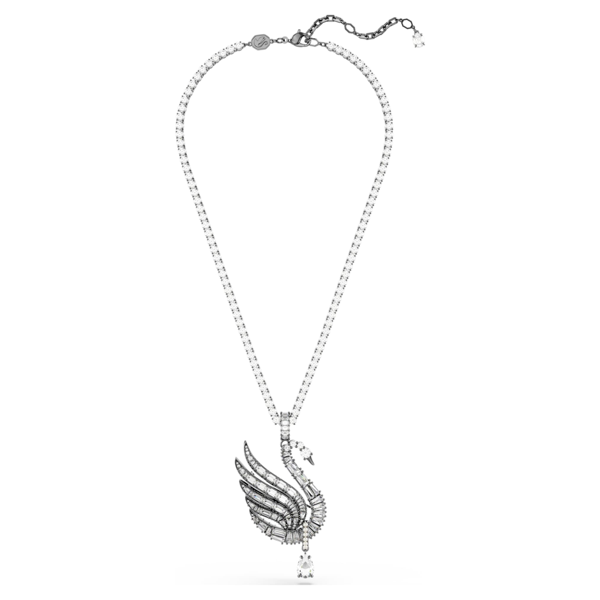 Swarovski Swan pendant and brooch Swan, White, Ruthenium plated