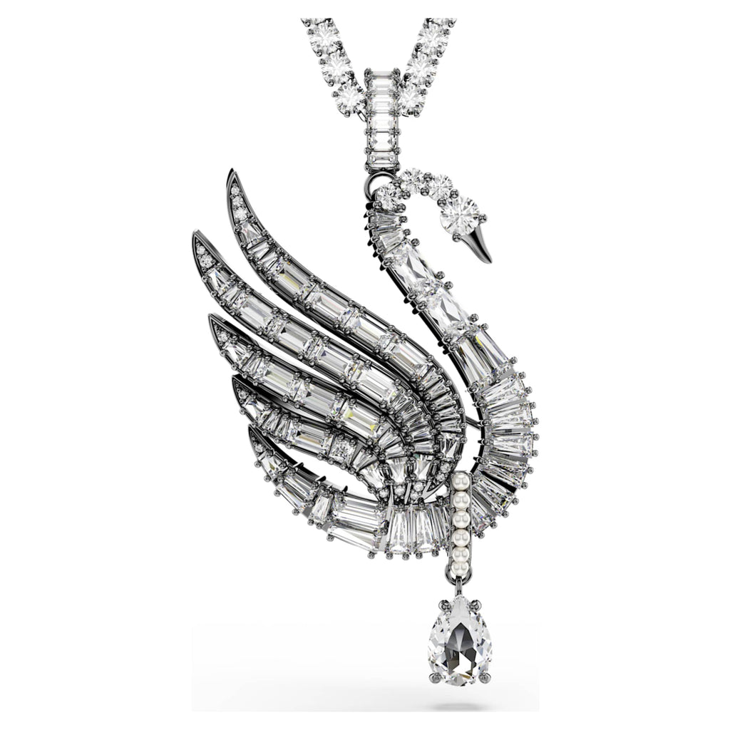 Swarovski Swan pendant and brooch Swan, White, Ruthenium plated