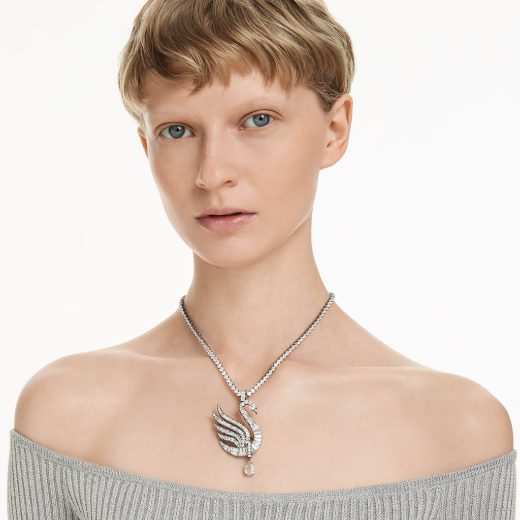 Swarovski Swan pendant and brooch Swan, White, Ruthenium plated