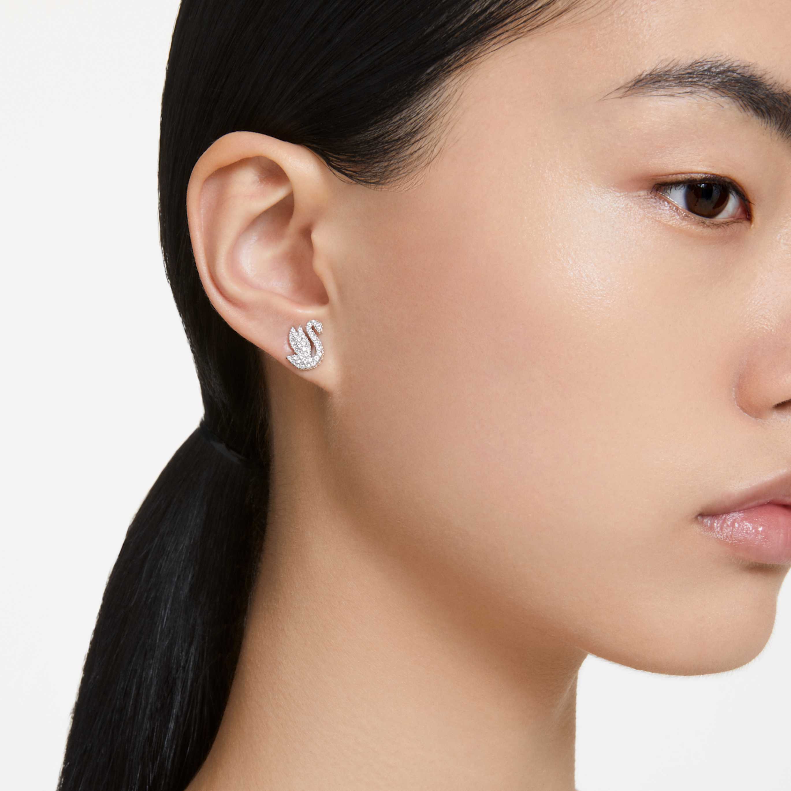 Swarovski Swan stud earrings Swan, White, Rhodium plated