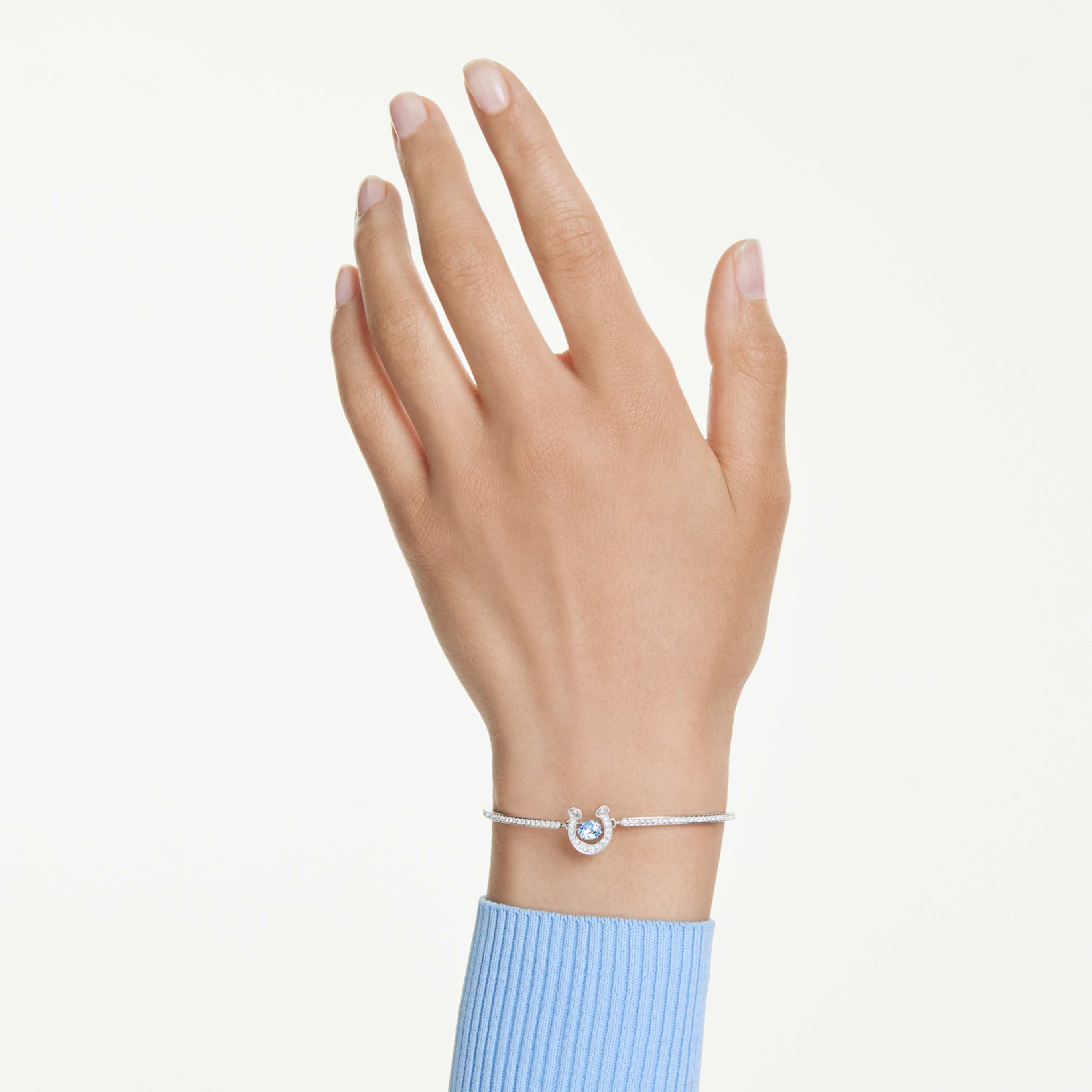 Swarovski Symbolica bangle Round cut, Pavé, Horse shoe, Blue, Rhodium plated