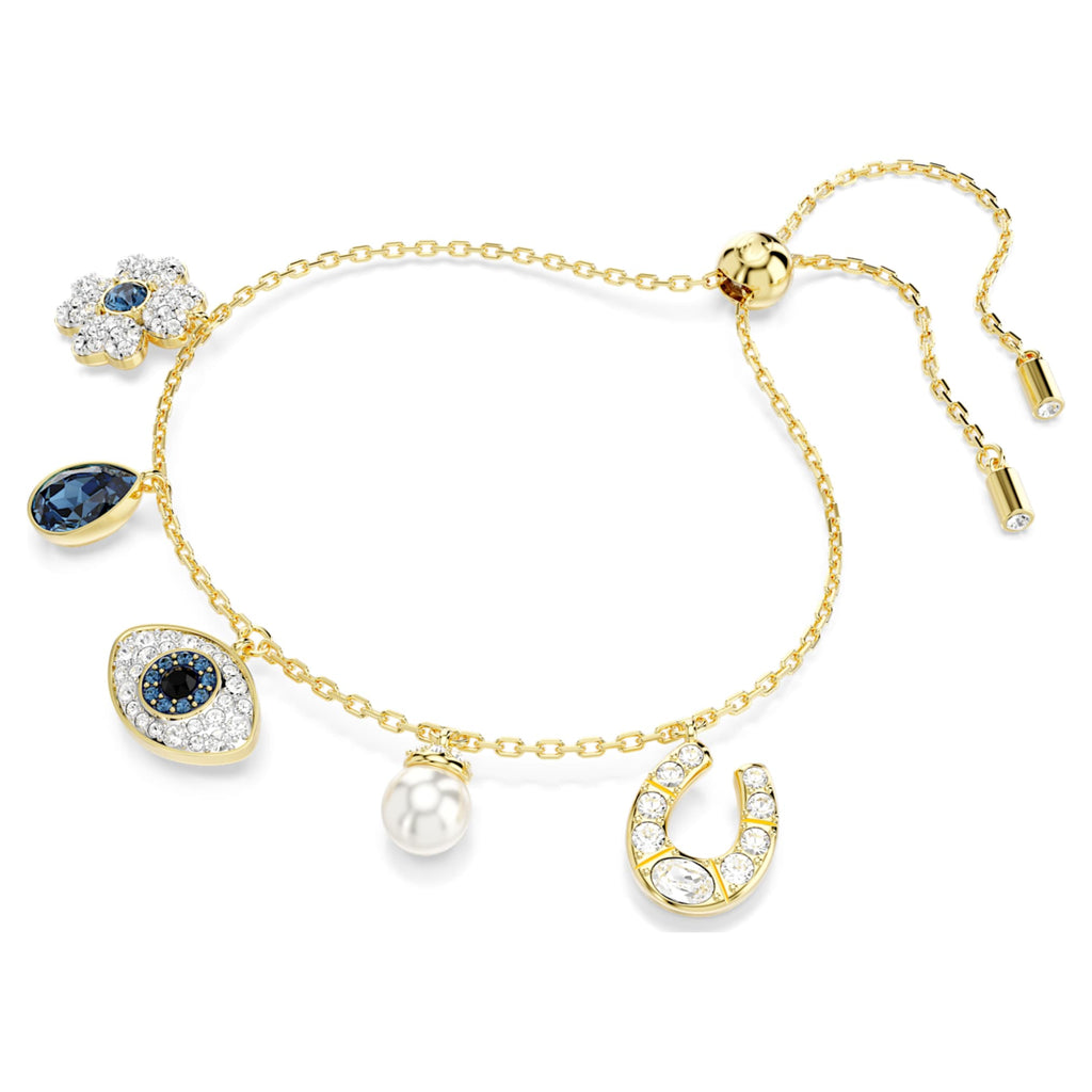 Swarovski Symbolica bracelet Crystal pearl, Clover, evil eye and horseshoe, Blue, 18K gold finish