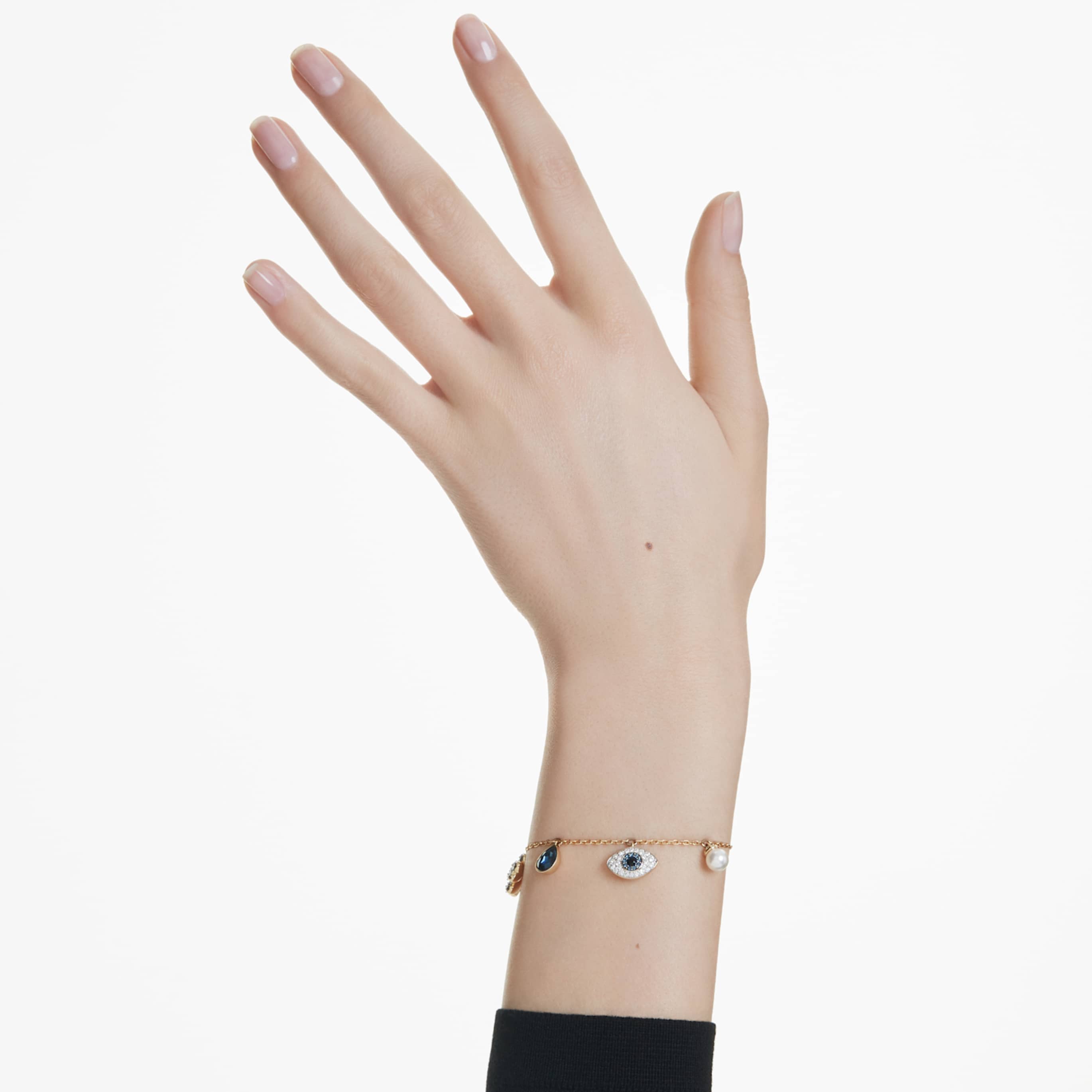 Swarovski Symbolica bracelet Crystal pearl, Clover, evil eye and horseshoe, Blue, 18K gold finish