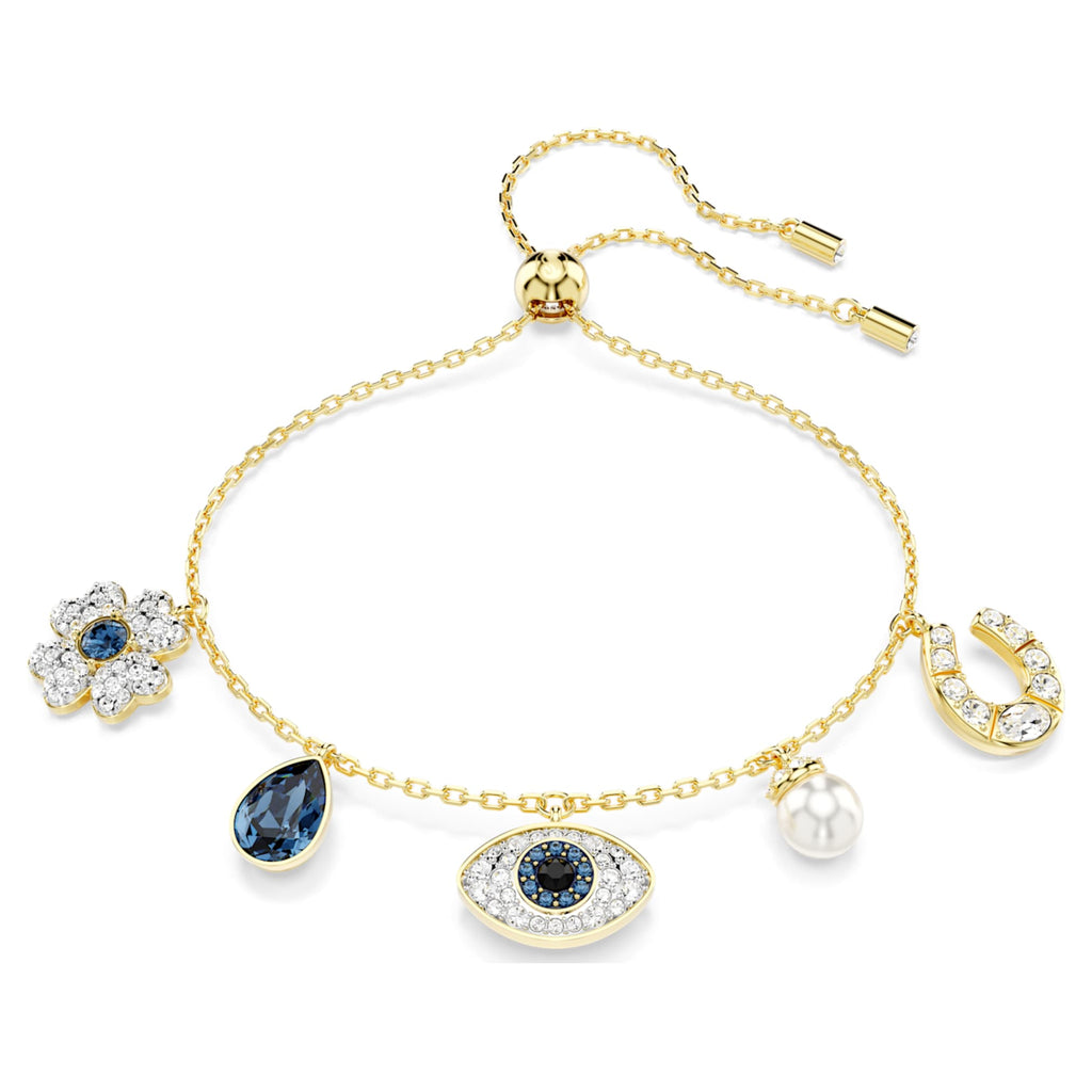 Swarovski Symbolica bracelet Crystal pearl, Clover, evil eye and horseshoe, Blue, 18K gold finish