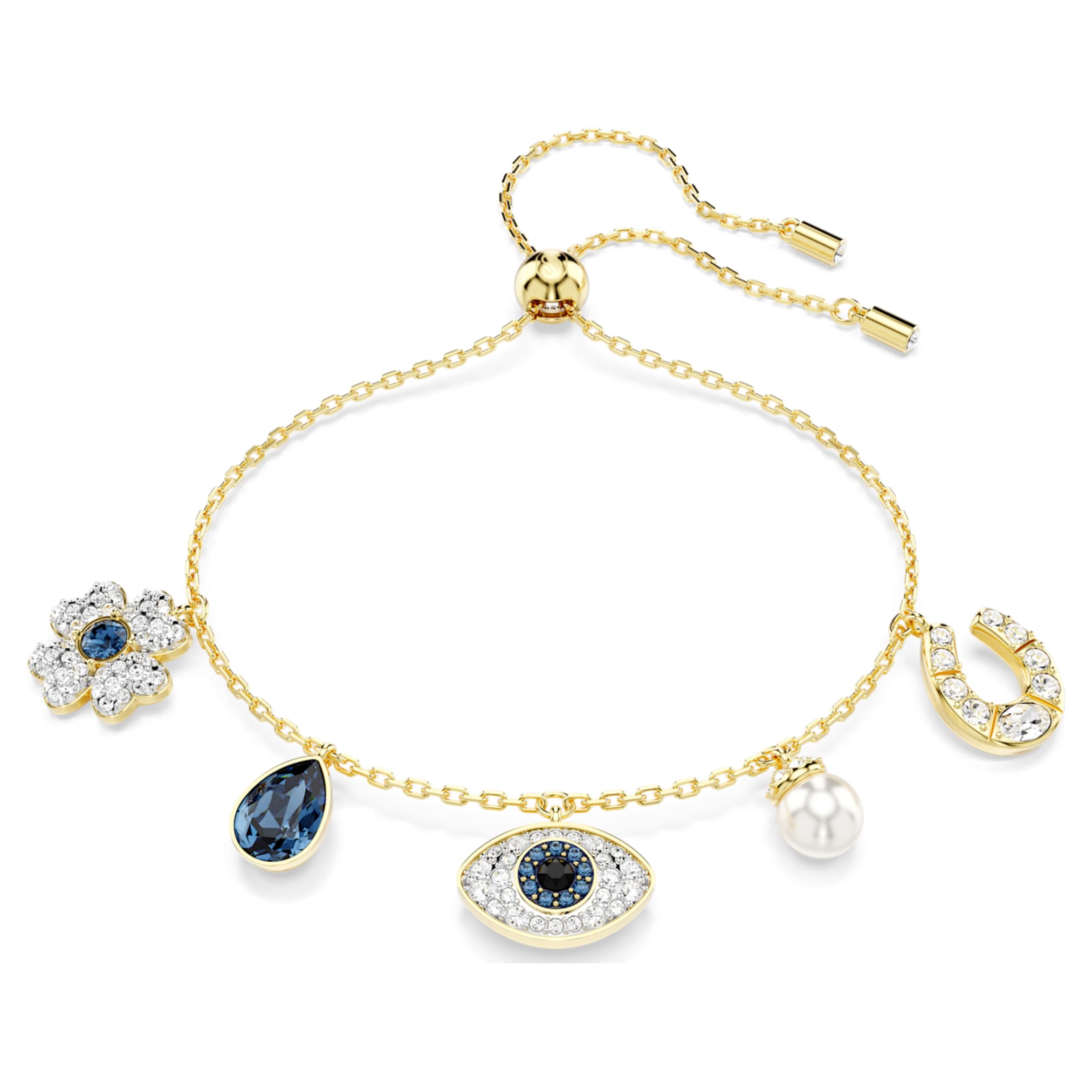 Swarovski Symbolica bracelet Crystal pearl, Clover, evil eye and horseshoe, Blue, 18K gold finish