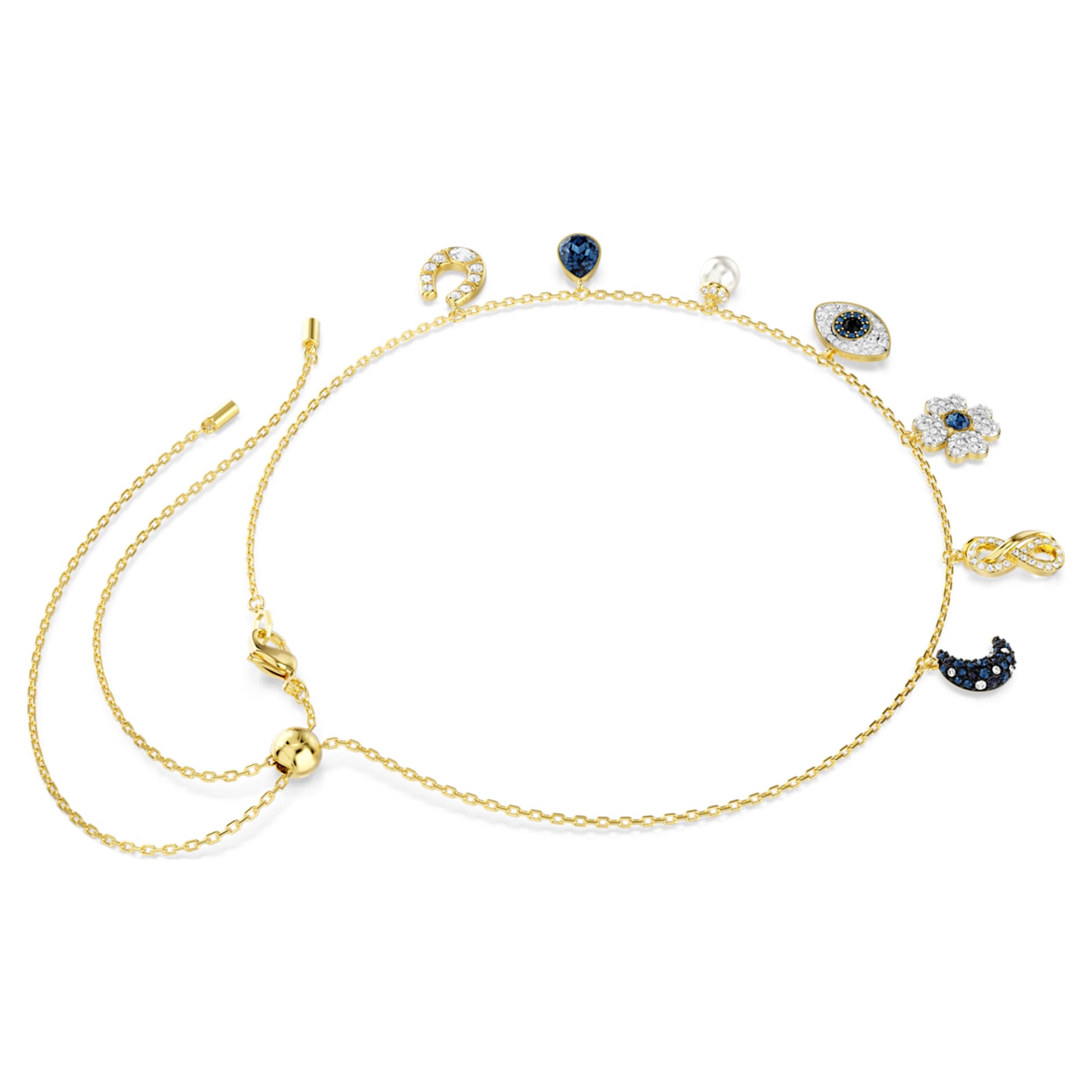 Swarovski Symbolica choker Crystal pearl, Moon, infinity, clover, evil eye and horseshoe, Blue, 18K gold finish