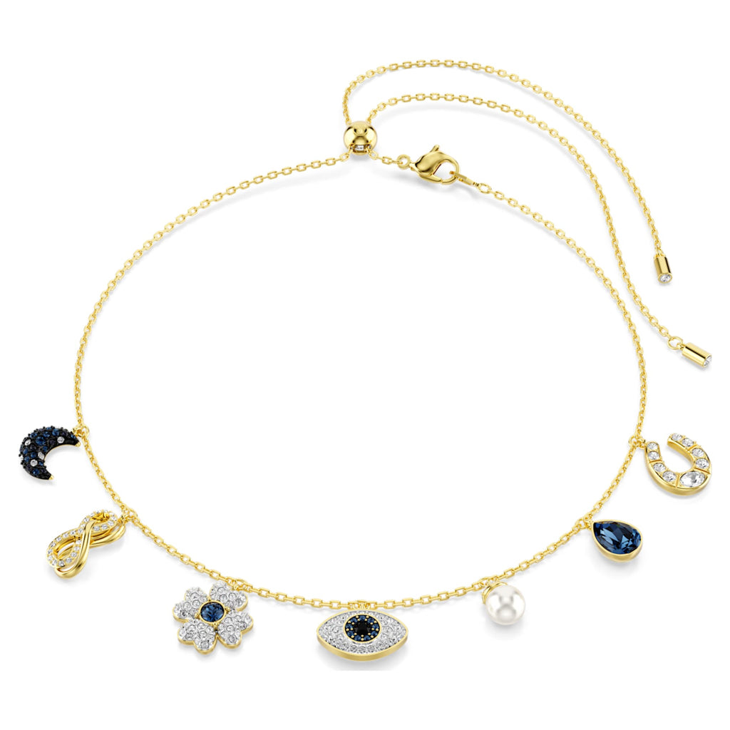 Swarovski Symbolica choker Crystal pearl, Moon, infinity, clover, evil eye and horseshoe, Blue, 18K gold finish