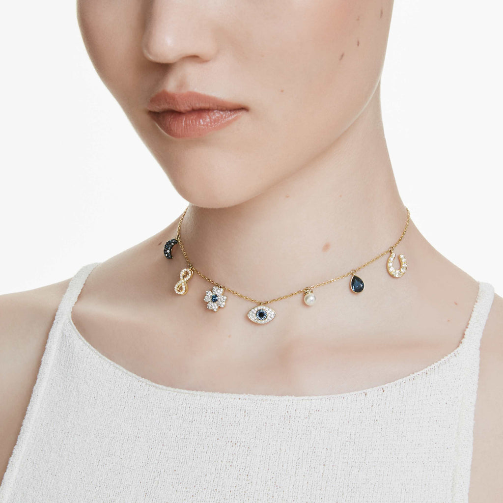 Swarovski Symbolica choker Crystal pearl, Moon, infinity, clover, evil eye and horseshoe, Blue, 18K gold finish
