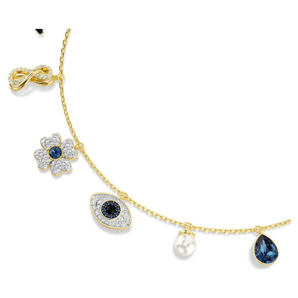 Swarovski Symbolica choker Crystal pearl, Moon, infinity, clover, evil eye and horseshoe, Blue, 18K gold finish