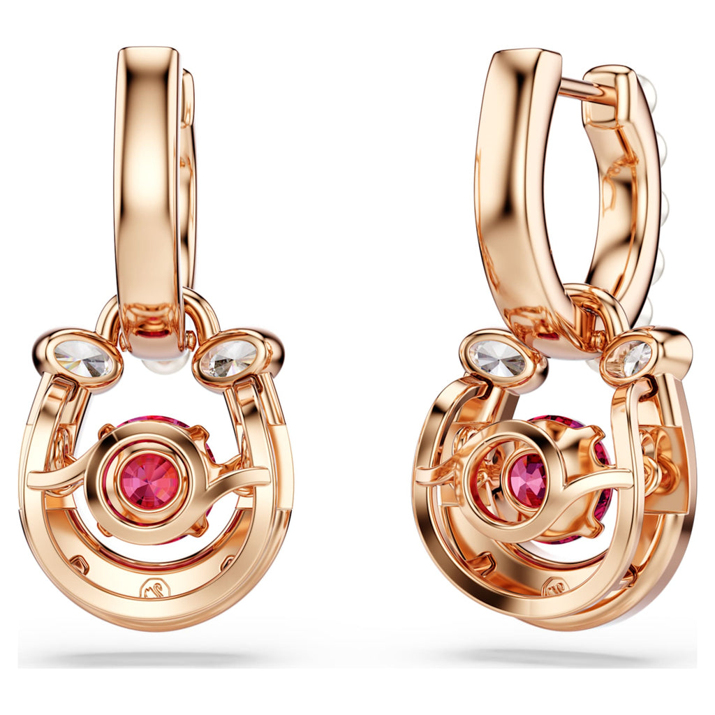 Swarovski Symbolica drop earrings Crystal pearl, Round cut, Pavé, Horse shoe, Red, 18K rose gold finish