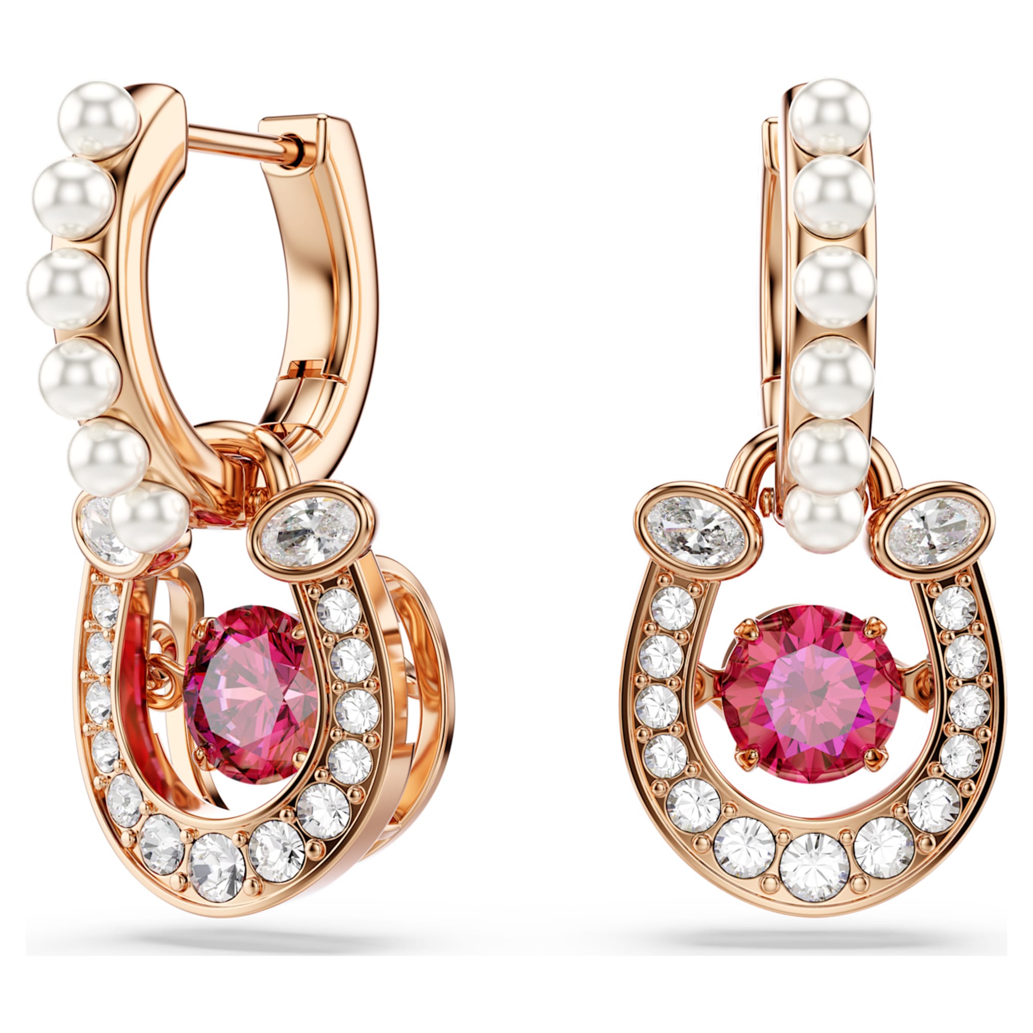 Swarovski Symbolica drop earrings Crystal pearl, Round cut, Pavé, Horse shoe, Red, 18K rose gold finish