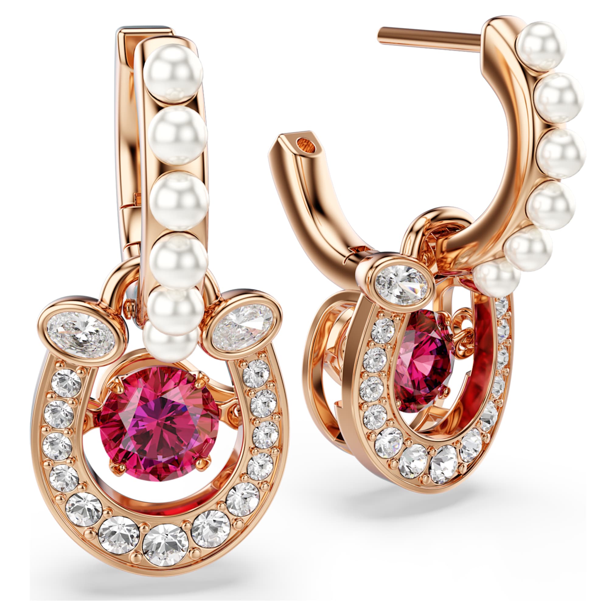 Swarovski Symbolica drop earrings Crystal pearl, Round cut, Pavé, Horse shoe, Red, 18K rose gold finish
