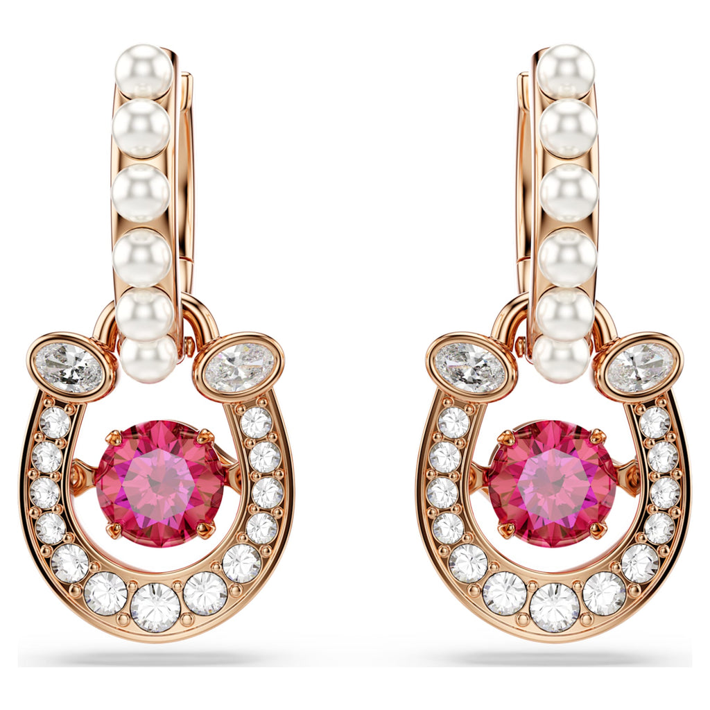 Swarovski Symbolica drop earrings Crystal pearl, Round cut, Pavé, Horse shoe, Red, 18K rose gold finish