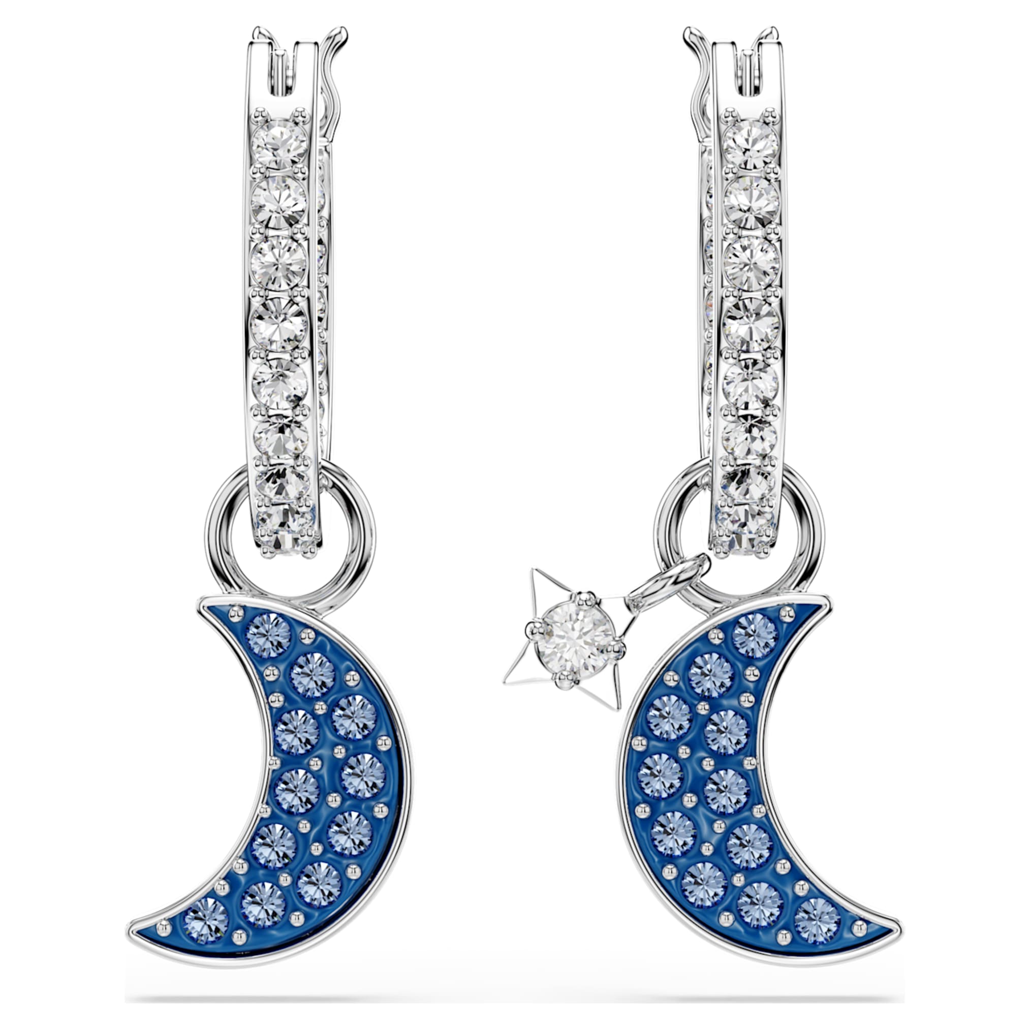 Swarovski Symbolica drop earrings Round cut, Moon, Blue, Rhodium plated