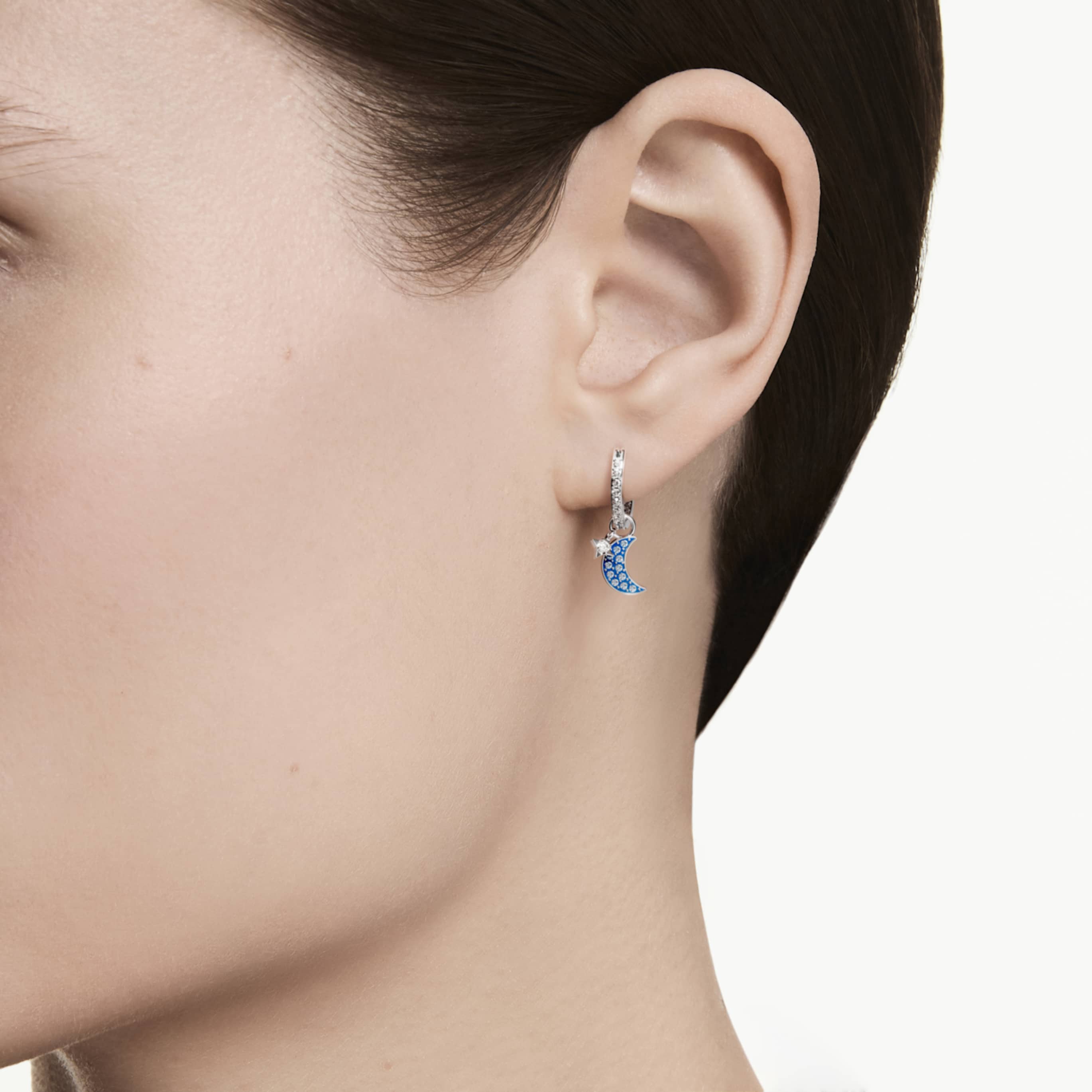 Swarovski Symbolica drop earrings Round cut, Moon, Blue, Rhodium plated