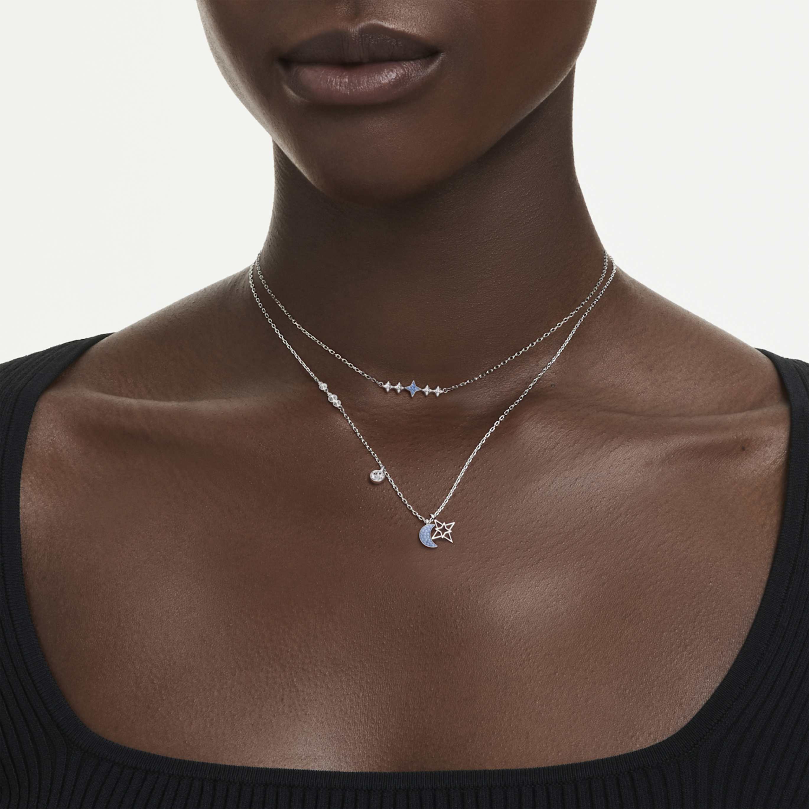 Swarovski Symbolica necklace Round cut, Moon, Blue, Rhodium plated