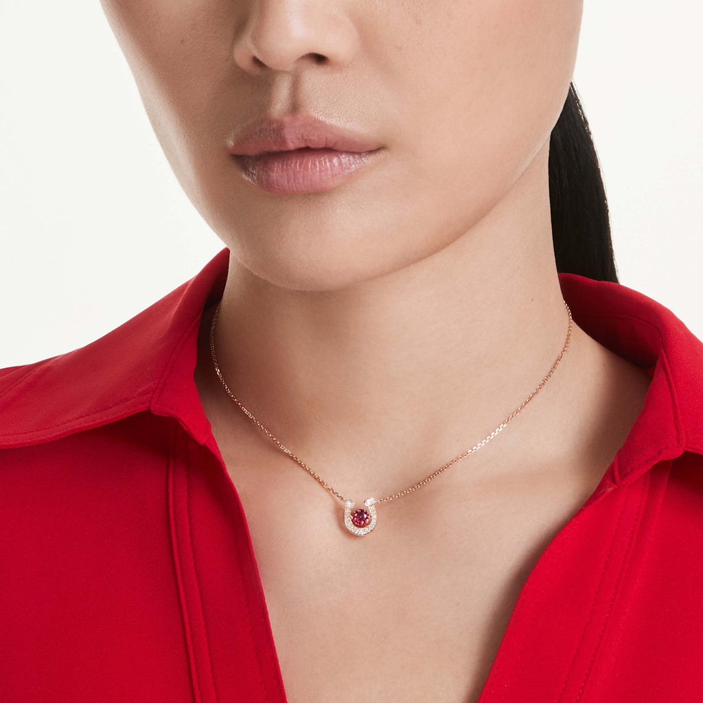Swarovski Symbolica pendant Round cut, Pavé, Horse shoe, Red, 18K rose gold finish