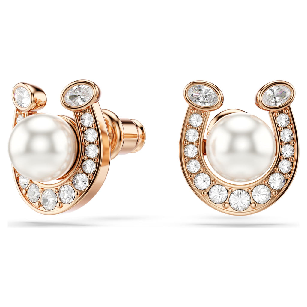 Swarovski Symbolica stud earrings Crystal pearl, Pavé, Horse shoe, White, 18K rose gold finish