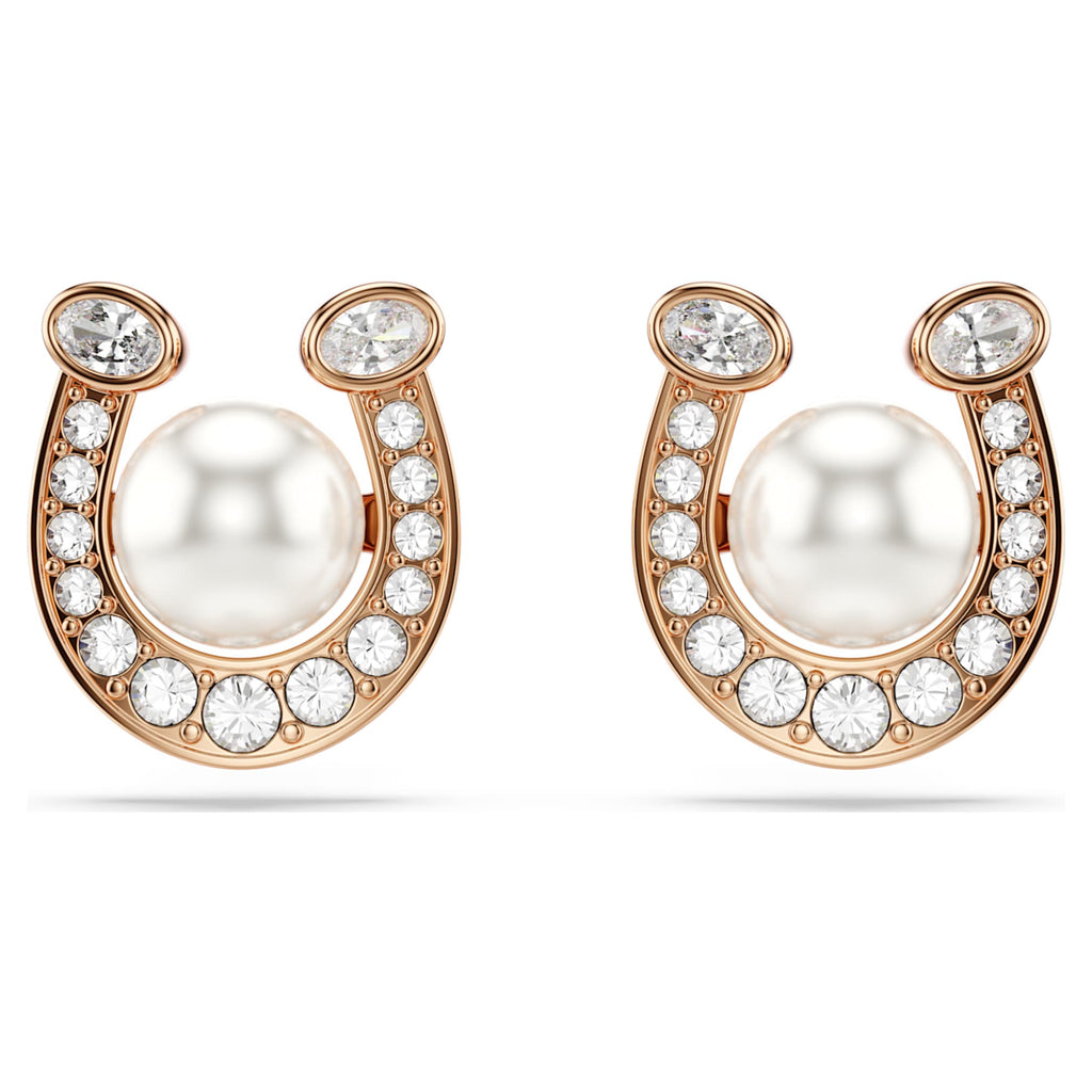 Swarovski Symbolica stud earrings Crystal pearl, Pavé, Horse shoe, White, 18K rose gold finish