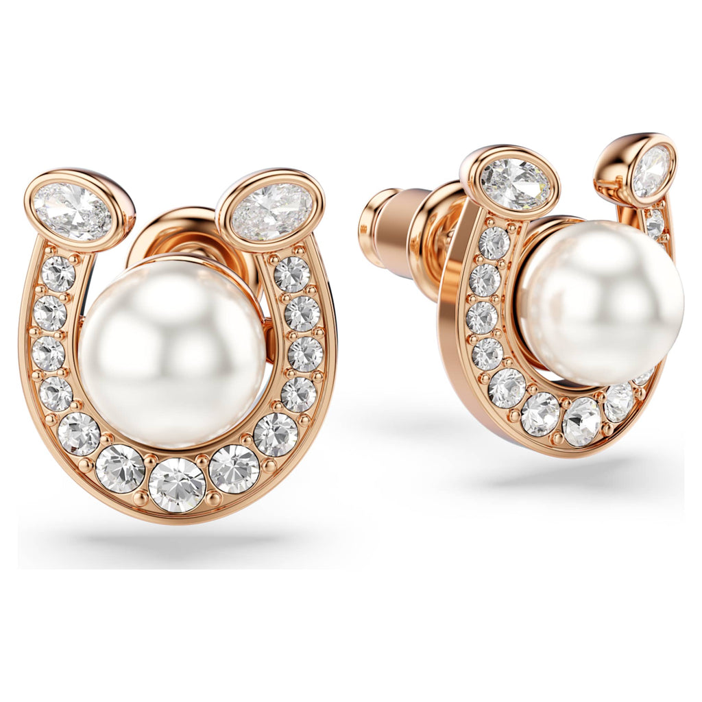Swarovski Symbolica stud earrings Crystal pearl, Pavé, Horse shoe, White, 18K rose gold finish