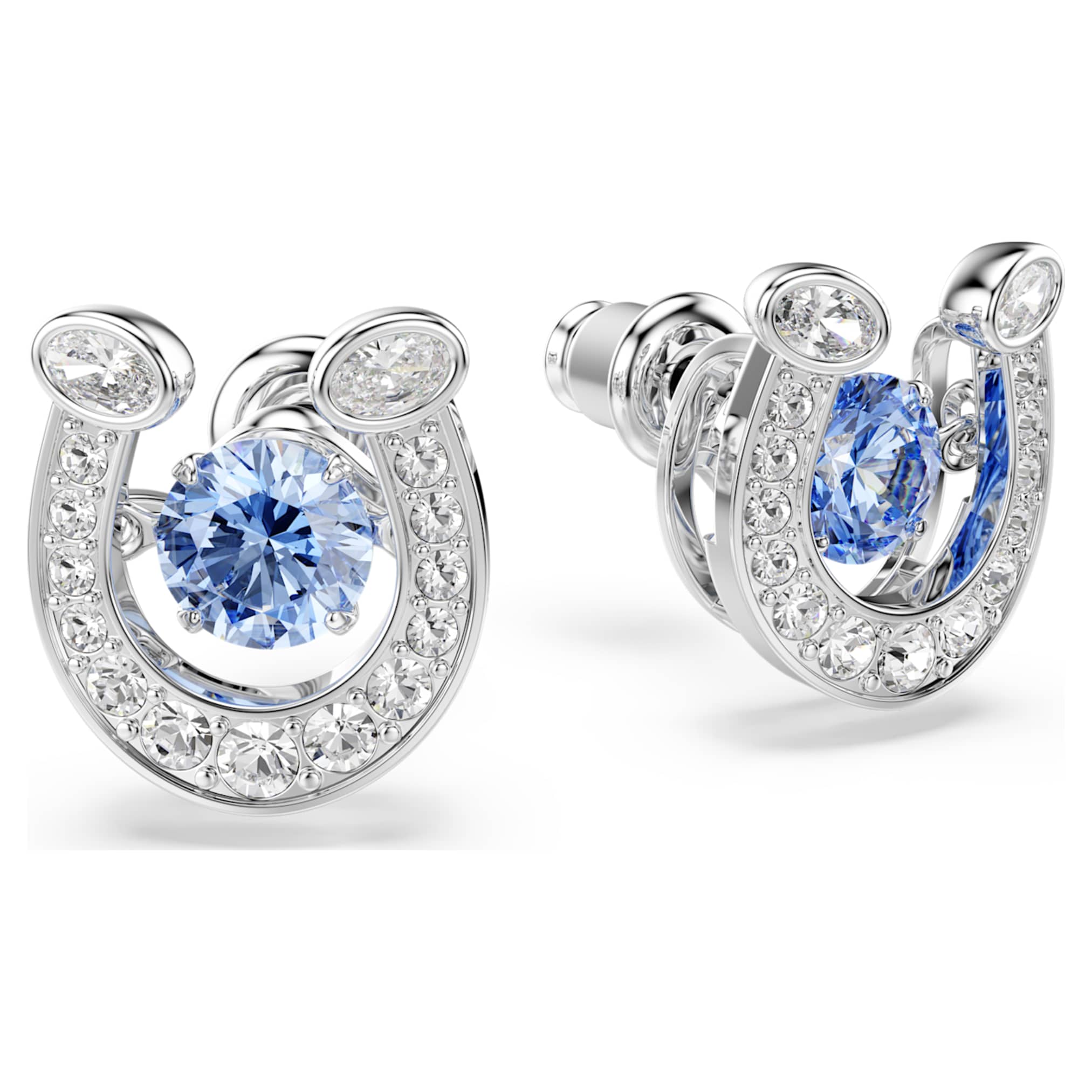 Swarovski Symbolica stud earrings Round cut, Pavé, Horse shoe, Blue, Rhodium plated