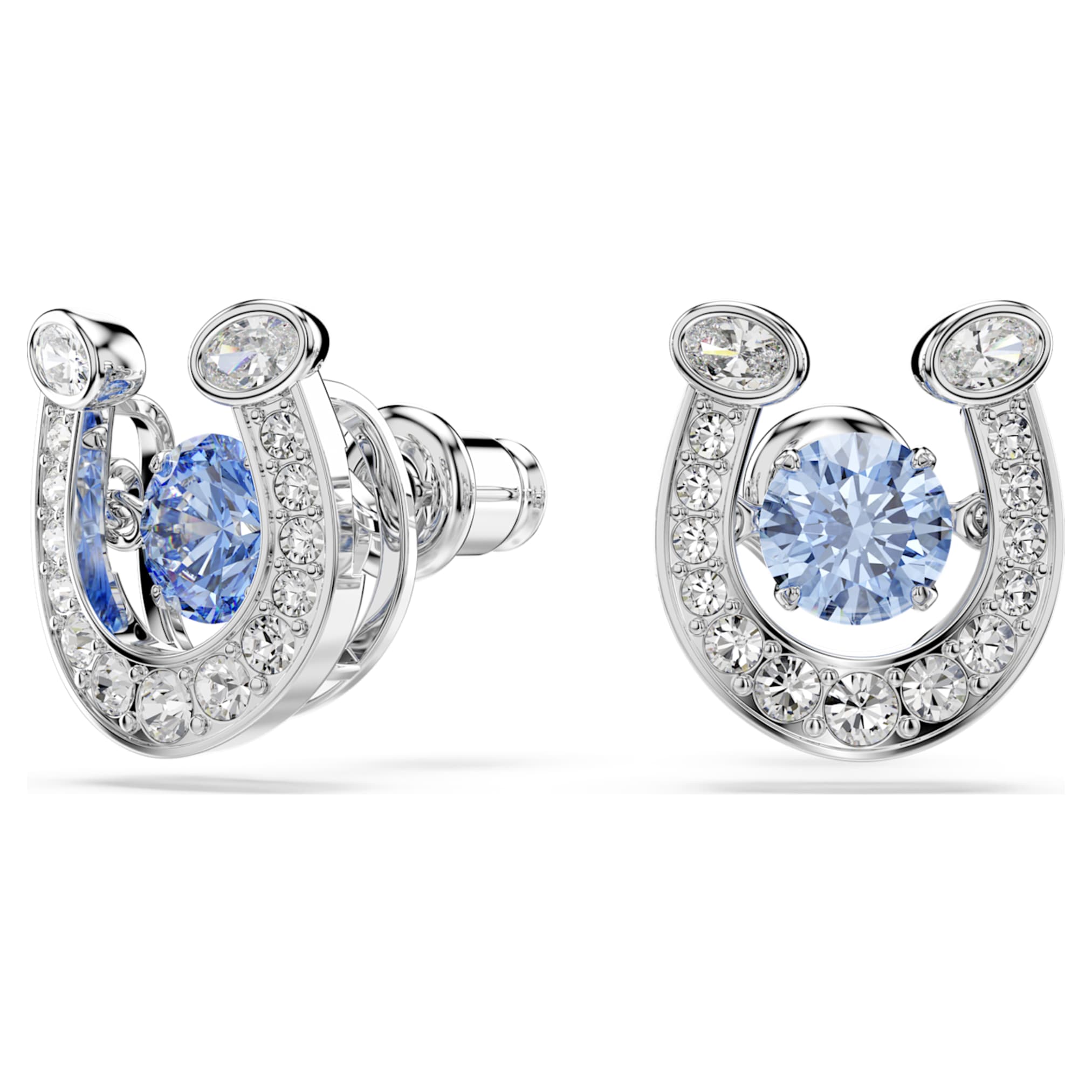 Swarovski Symbolica stud earrings Round cut, Pavé, Horse shoe, Blue, Rhodium plated
