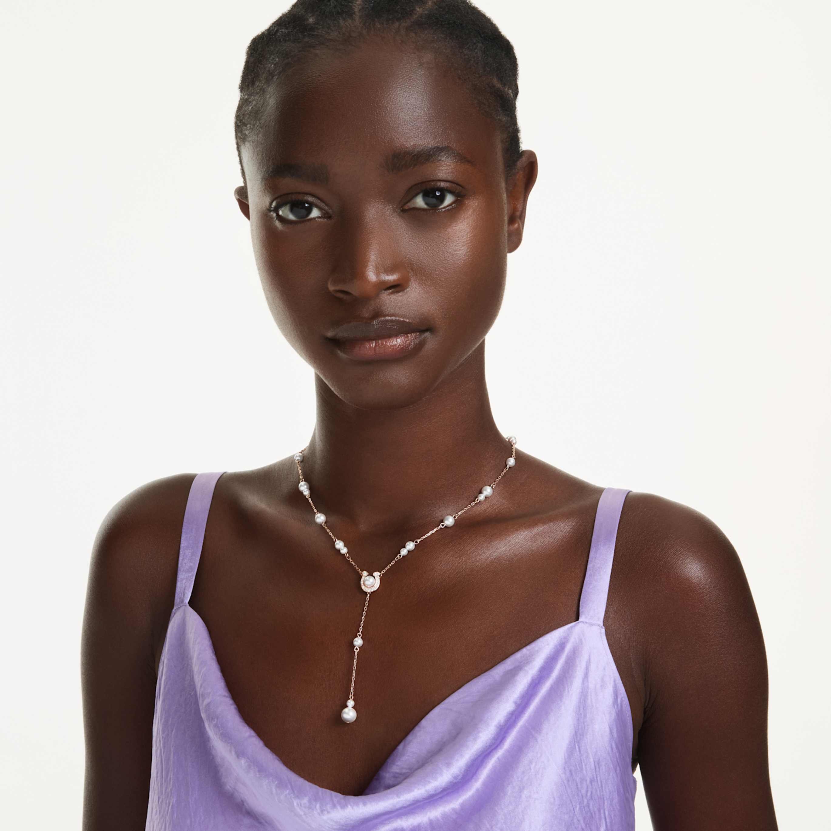 Swarovski Symbolica y necklace Crystal pearl, Pavé, Horse shoe, White, 18K rose gold finish