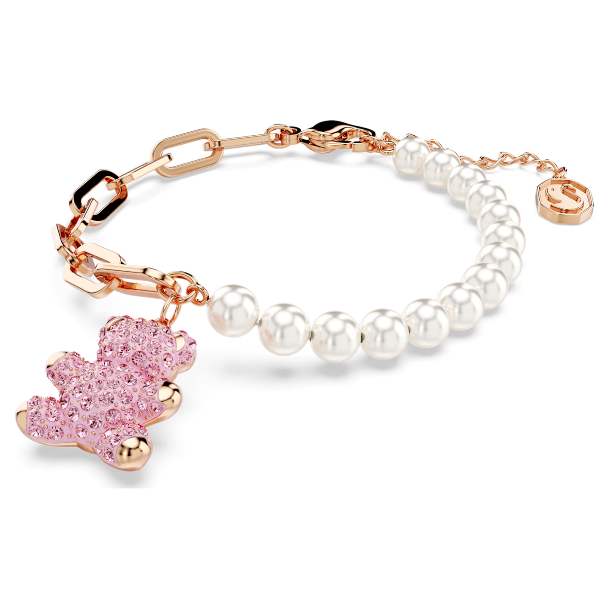 Swarovski Teddy bracelet Crystal pearl, Bear, Pink, 18K rose gold finish