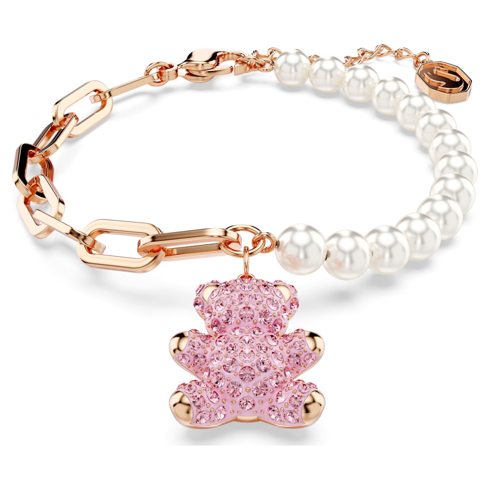Swarovski Teddy bracelet Crystal pearl, Bear, Pink, 18K rose gold finish