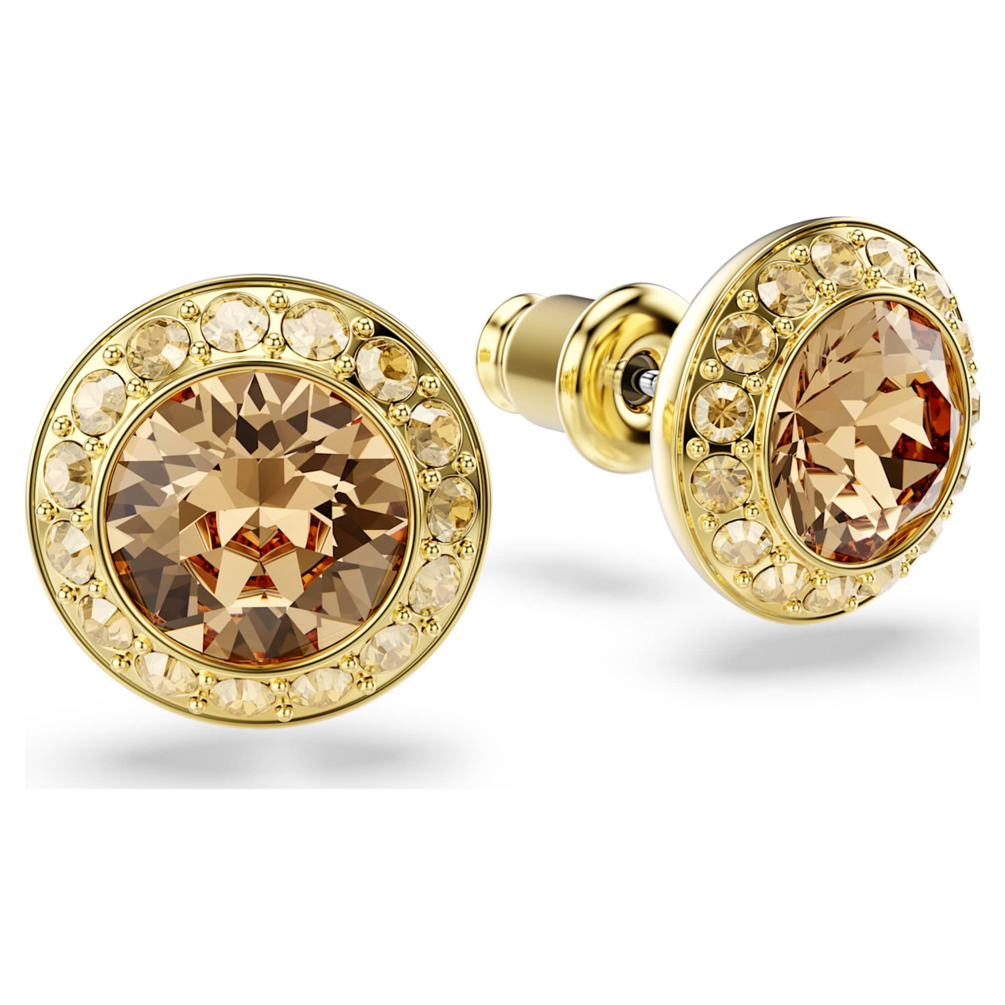 Swarovski Una Angelic stud earrings Round cut, Caramel, 18K gold finish