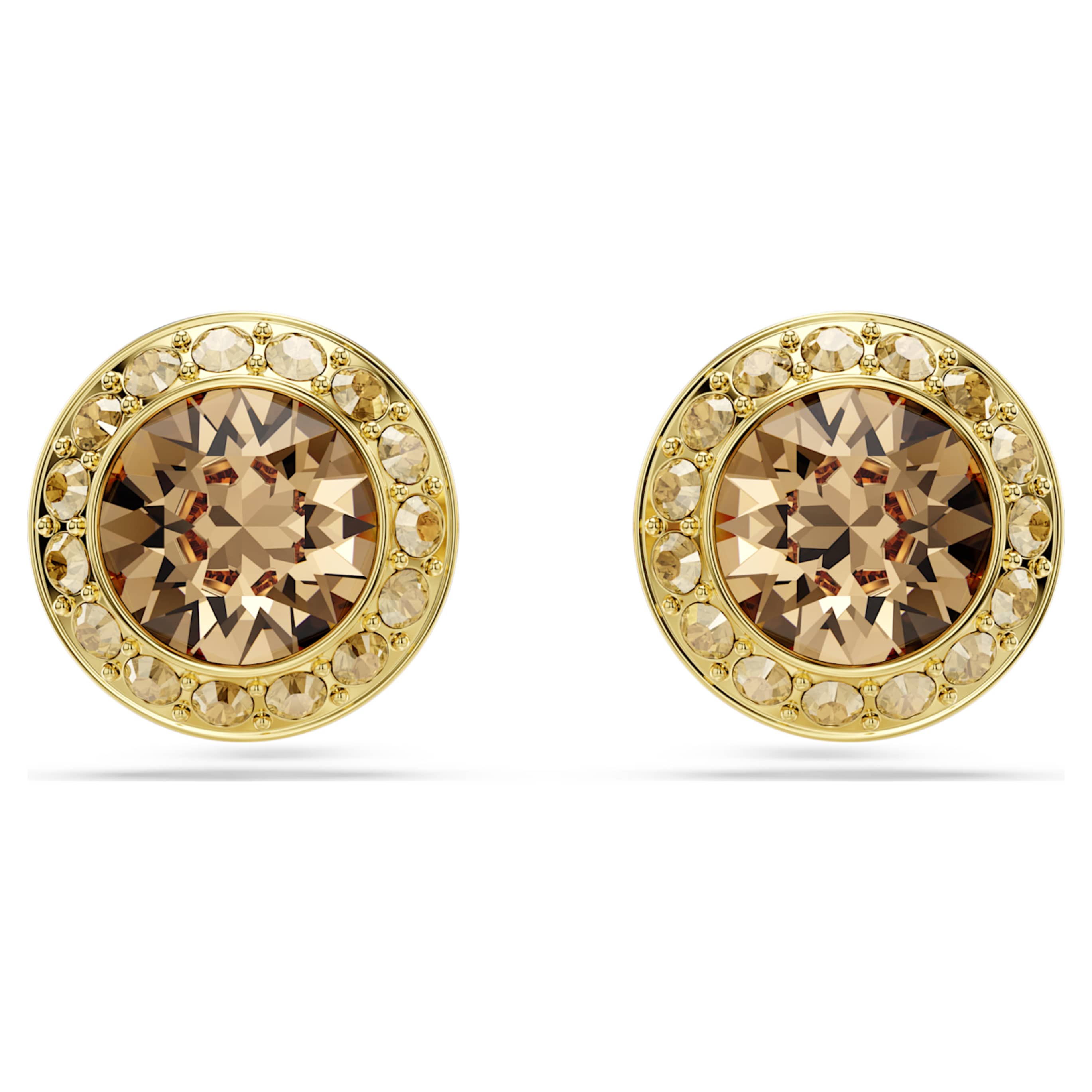Swarovski Una Angelic stud earrings Round cut, Caramel, 18K gold finish