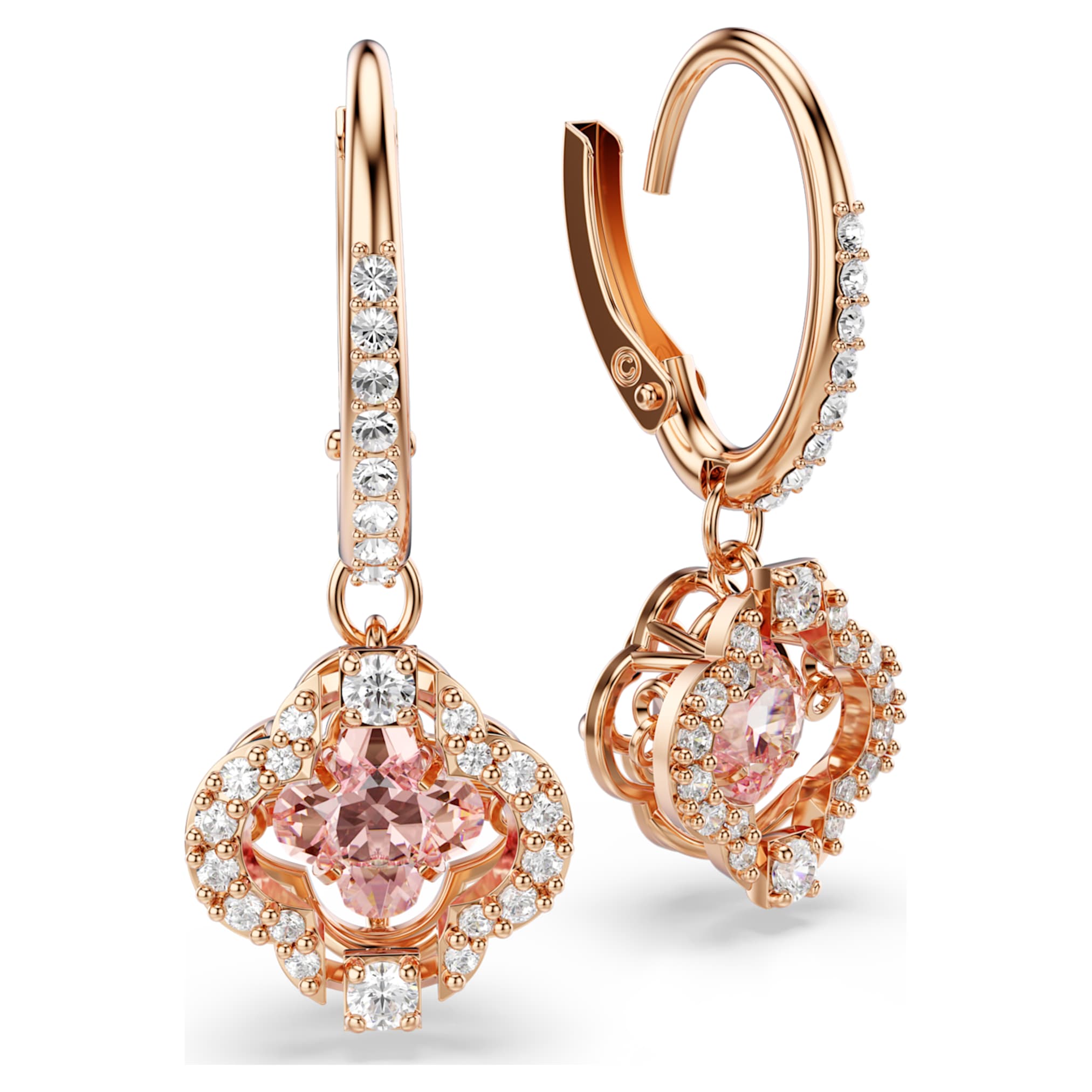 Swarovski Una drop earrings Clover, Pink, 18K rose gold finish