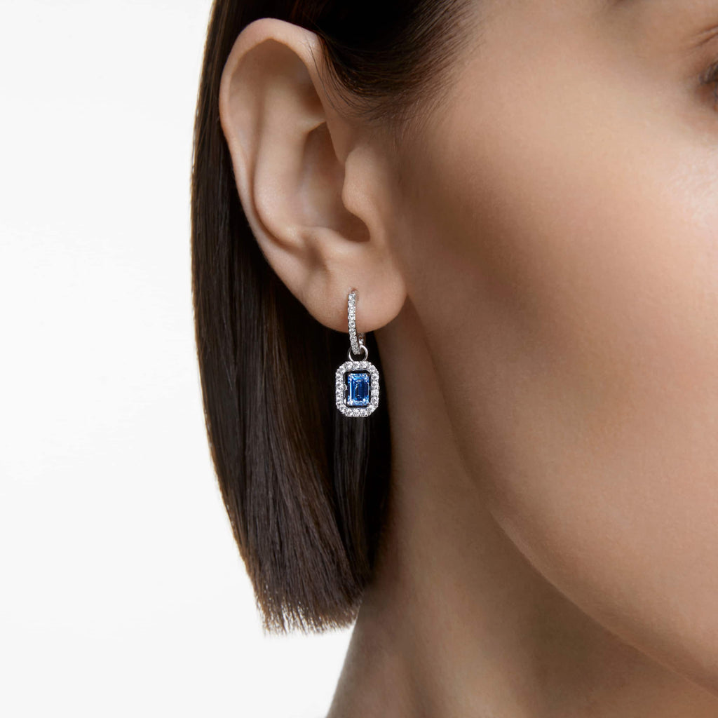 Swarovski Una drop earrings Octagon cut, Blue, Rhodium plated