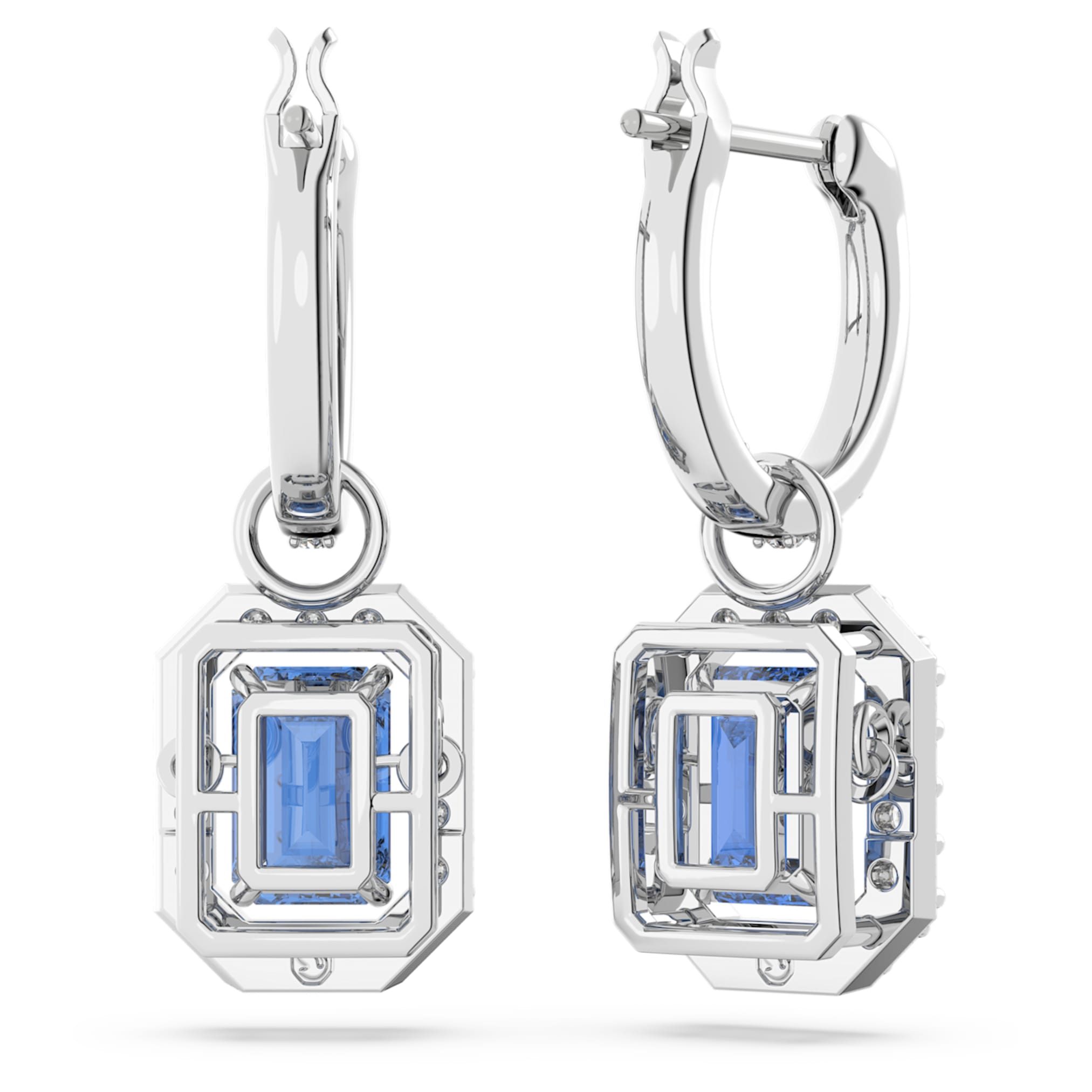 Swarovski Una drop earrings Octagon cut, Blue, Rhodium plated