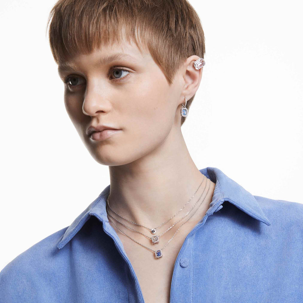 Swarovski Una drop earrings Octagon cut, Blue, Rhodium plated
