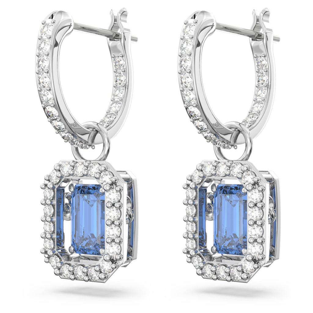 Swarovski Una drop earrings Octagon cut, Blue, Rhodium plated
