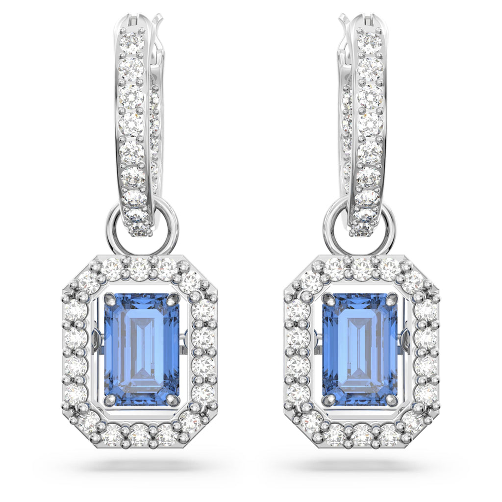 Swarovski Una drop earrings Octagon cut, Blue, Rhodium plated