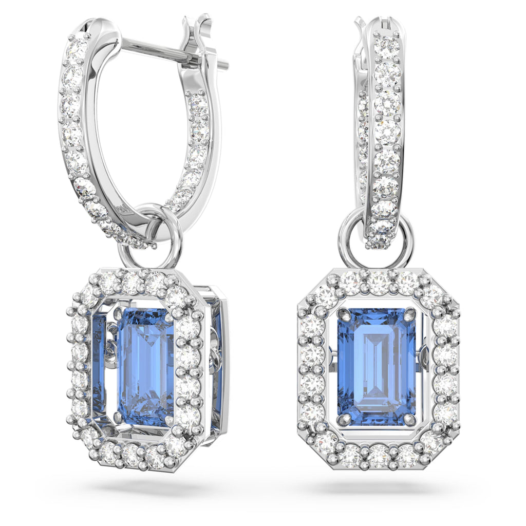 Swarovski Una drop earrings Octagon cut, Blue, Rhodium plated