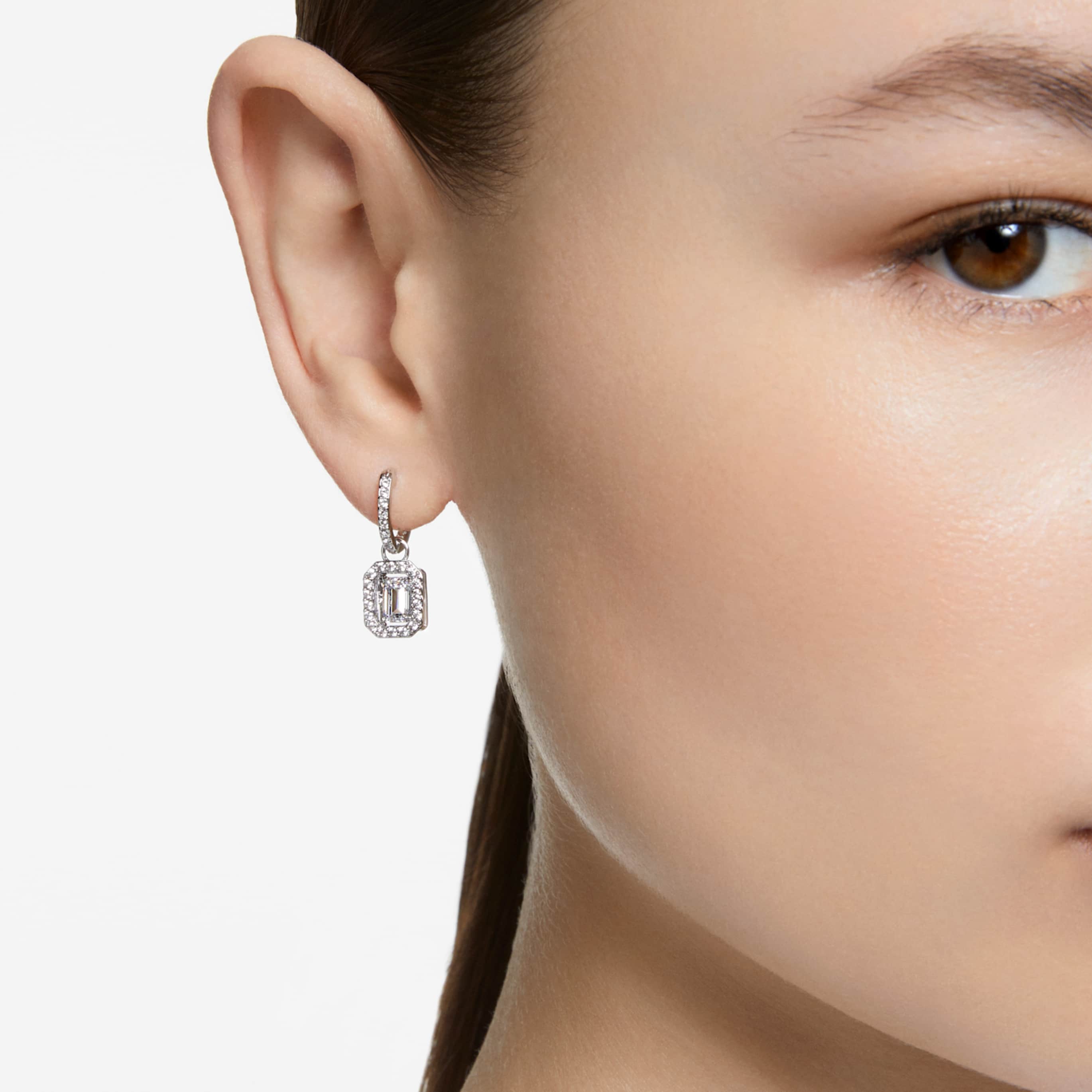 Swarovski Una drop earrings Octagon cut, Blue, Rhodium plated